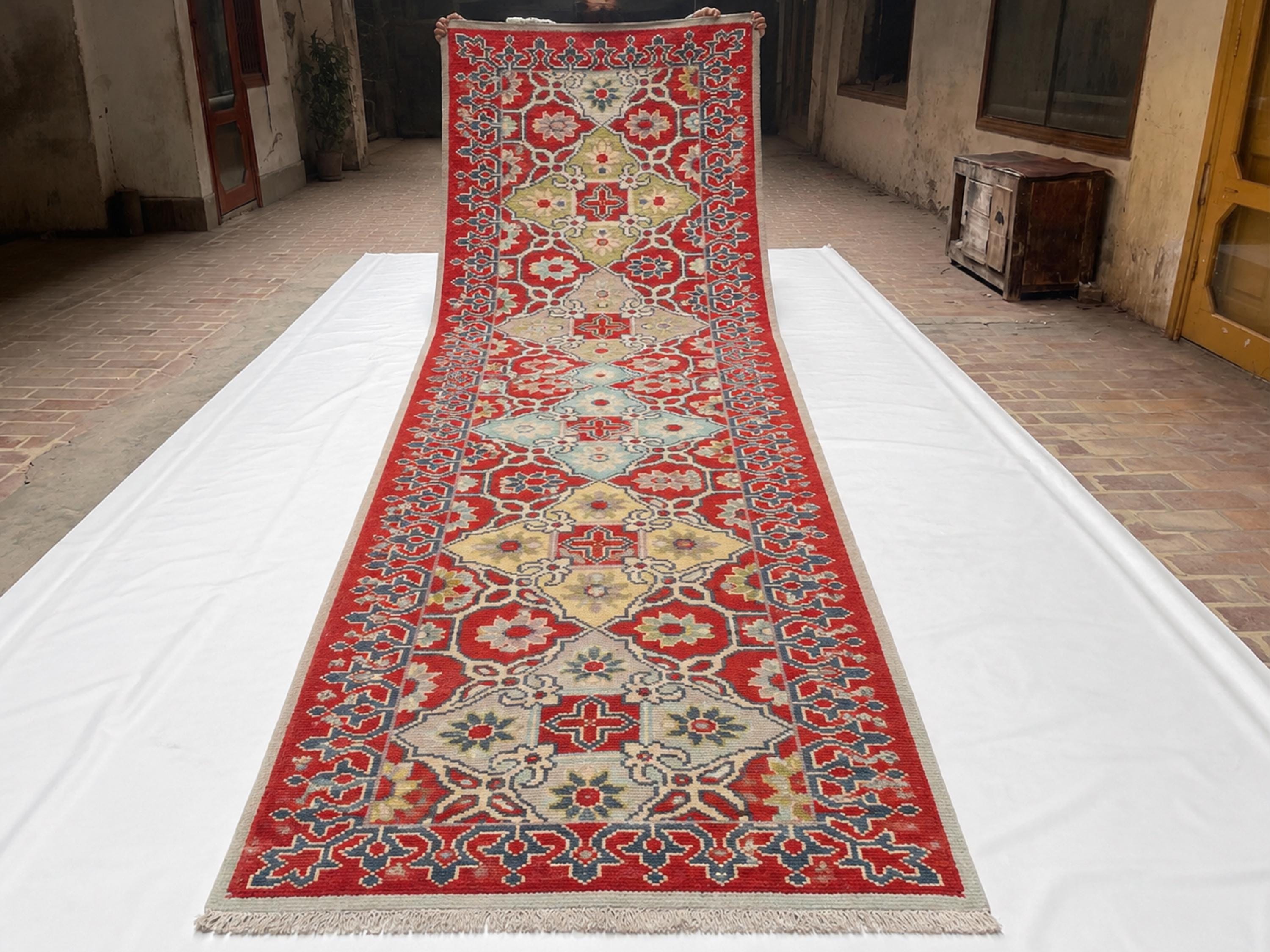 3x10 Turkish Oushak Runner Rug, Red Hand Knotted Wool Vintage Hallway Runner, Medallion Kitchen Entryway Carpet