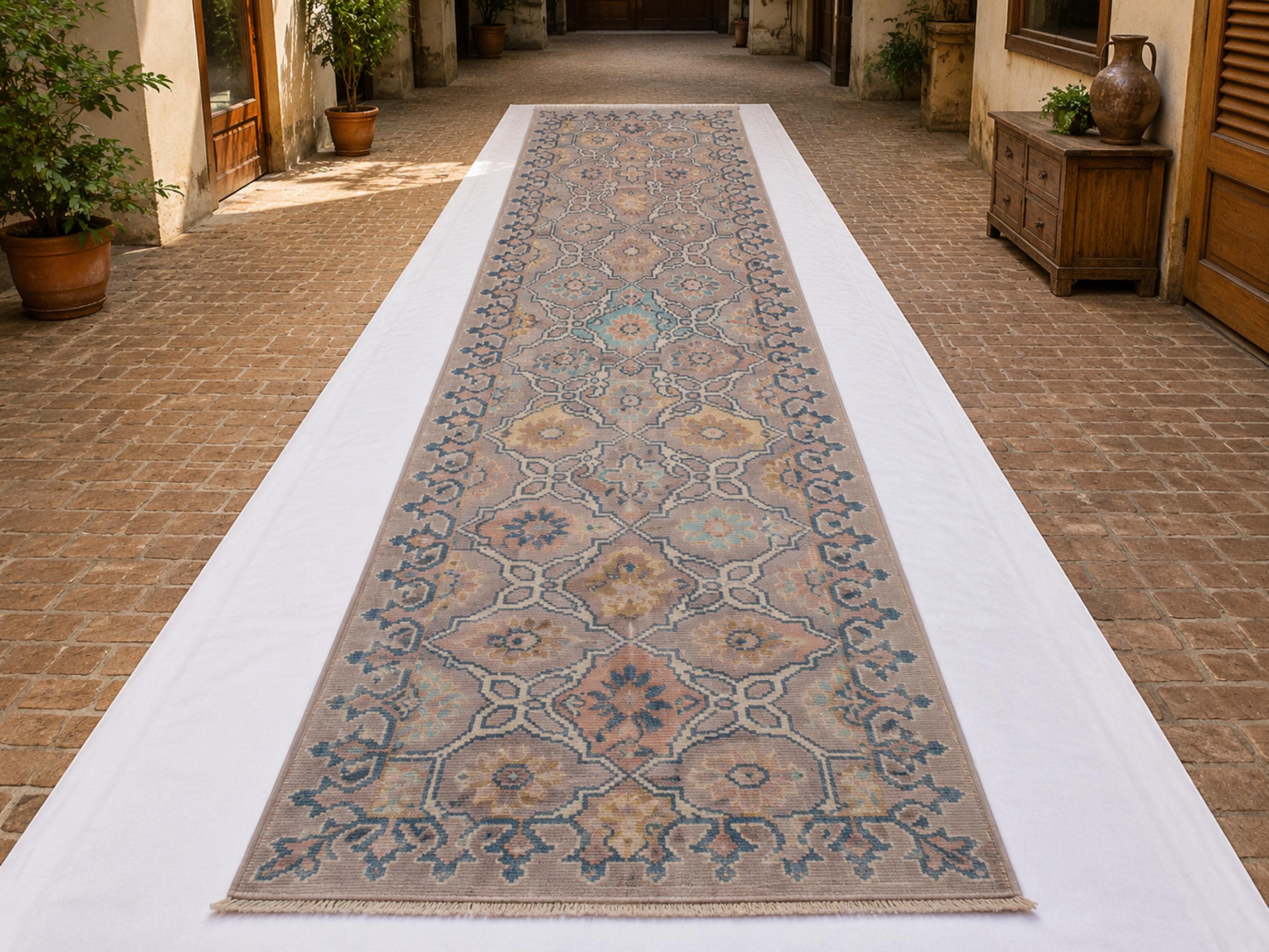 3x10 Oushak Runner Rug, Vintage Hand Knotted Wool Long Hallway Runner, Beige Medallion Turkish Corridor Carpet