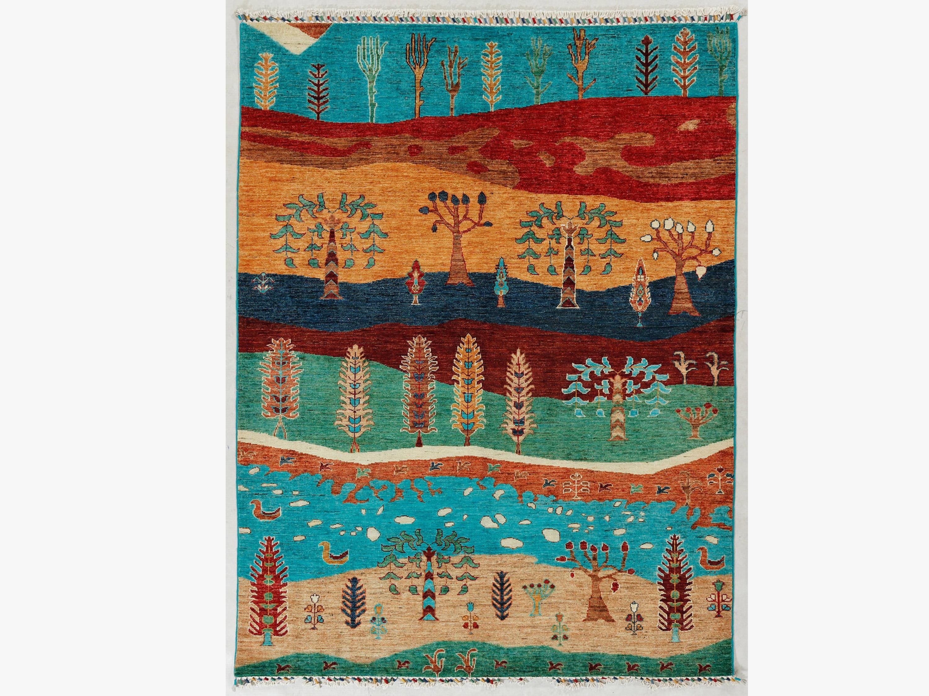 5x7 Persian Style Rug, Hand Knotted Wool Area Rug, Handmade Tree Landscape Pictorial Carpet, Living Room Decor