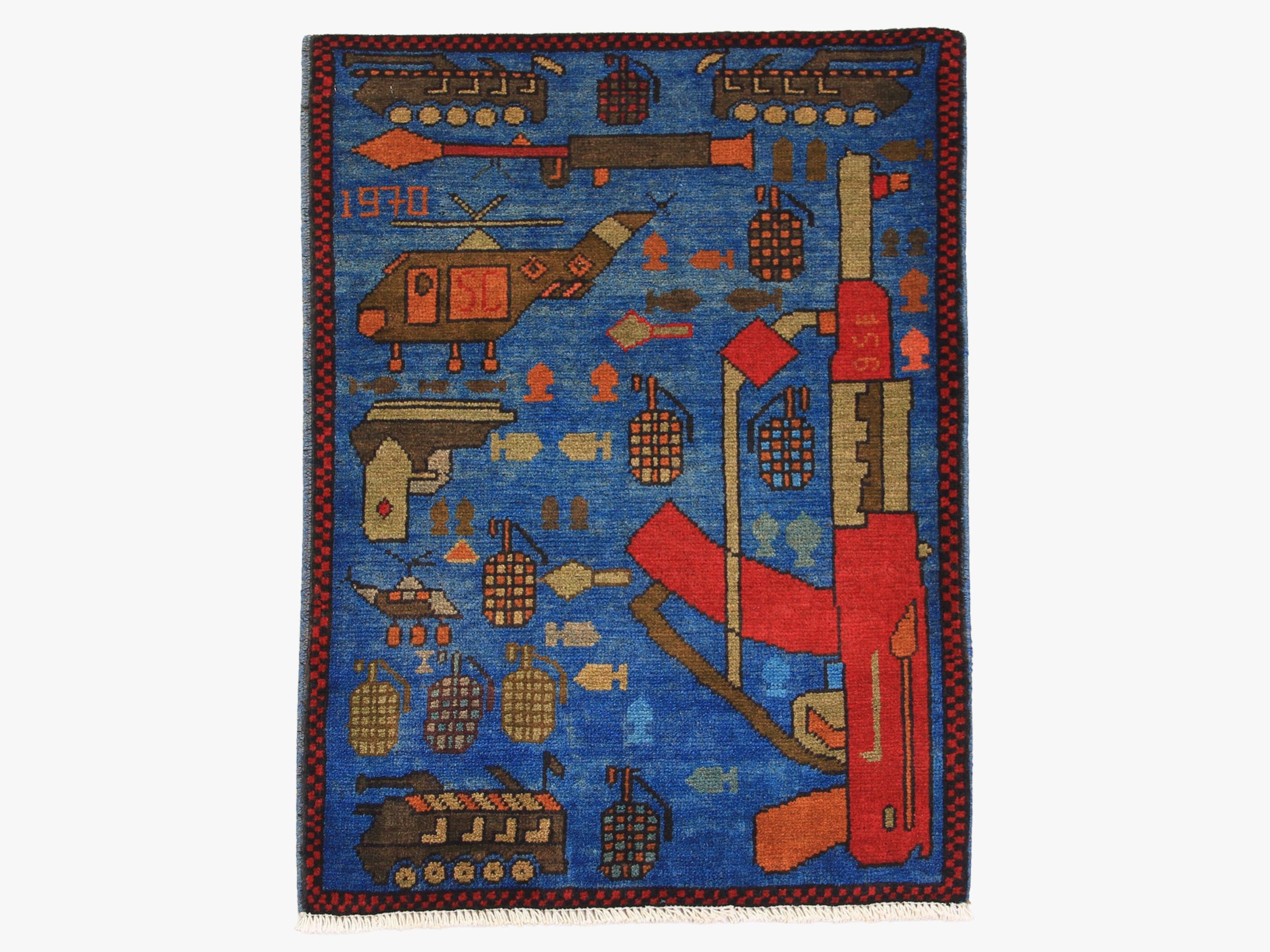 2x3 Blue Afghan War Rug, Hand Knotted Wool Pictorial Collector Piece