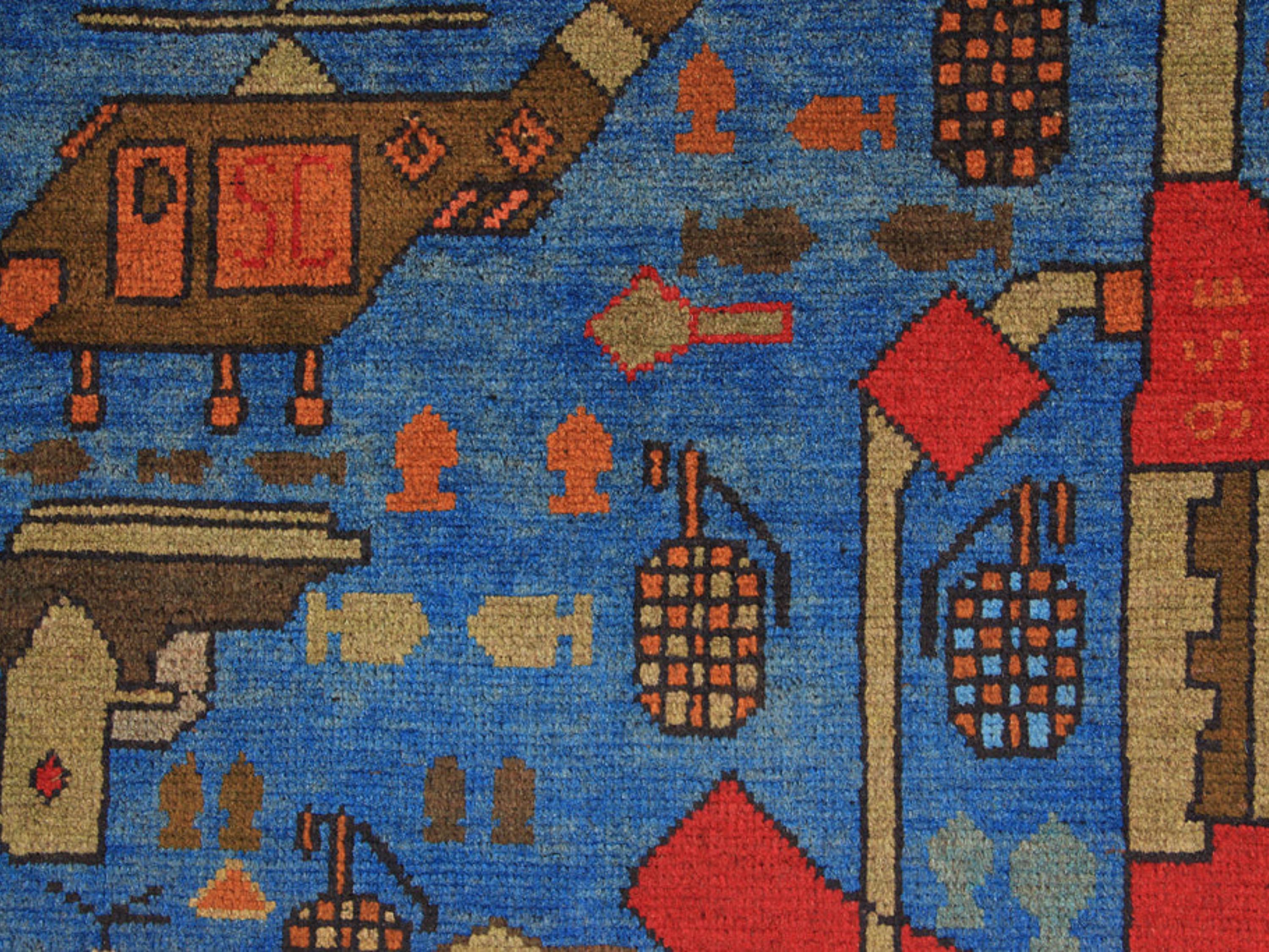 2x3 Tribal Pictorial Rug, Hand Knotted Wool Afghan War Wall Hanging, Military Decor
