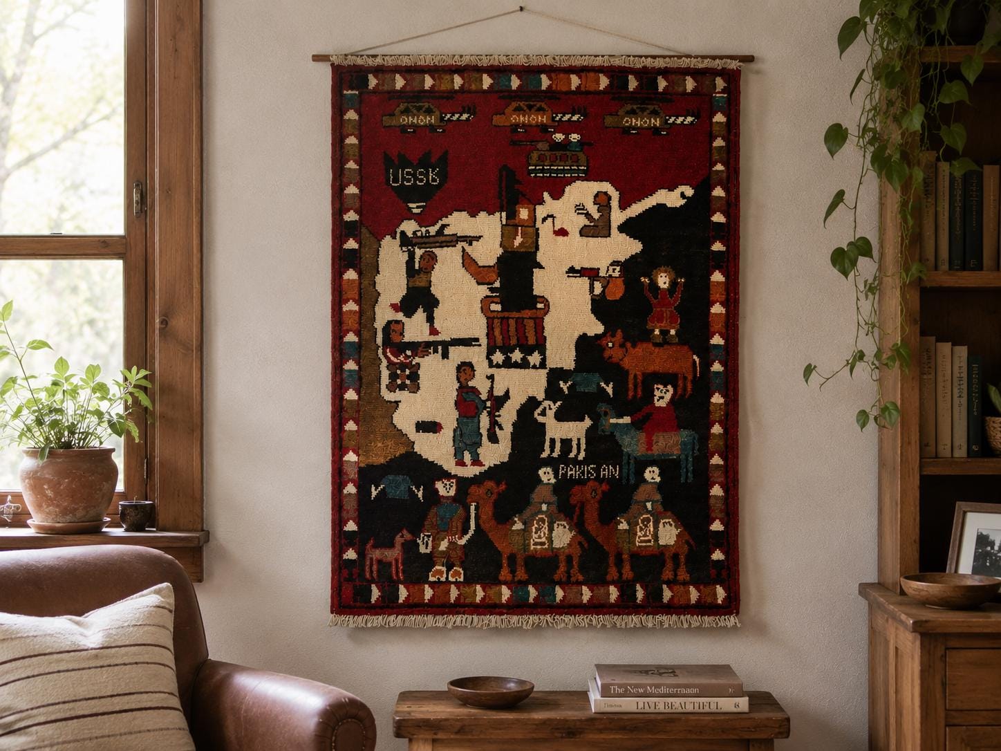 2x3 Folk Art Tribal Rug, Hand Knotted Afghan Pictorial Wool Wall Hanging, Bedroom Office Decor