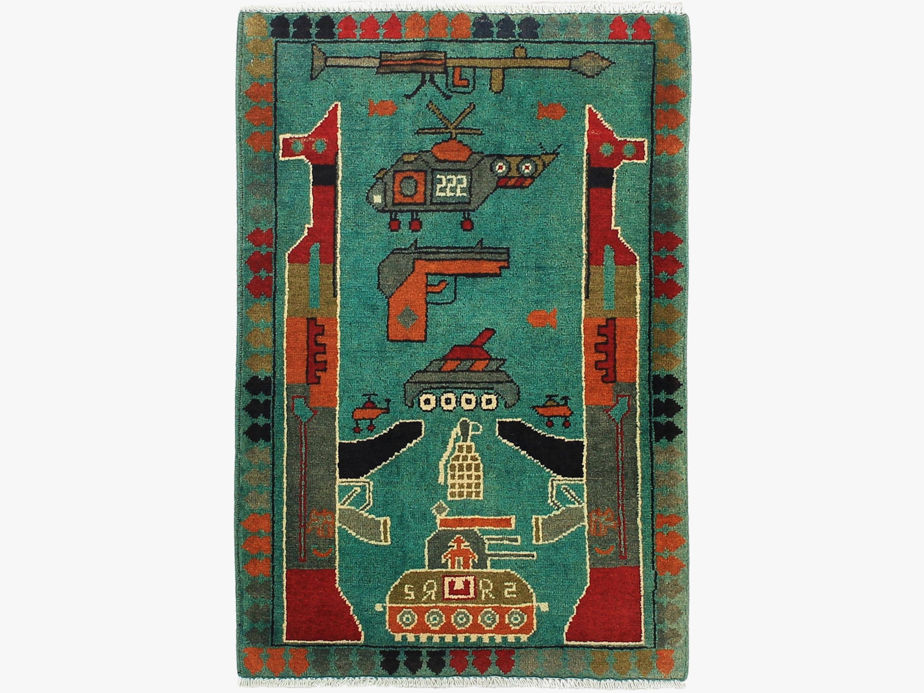 2x3 Green Afghan War Rug, Hand Knotted Wool Pictorial Wall Art