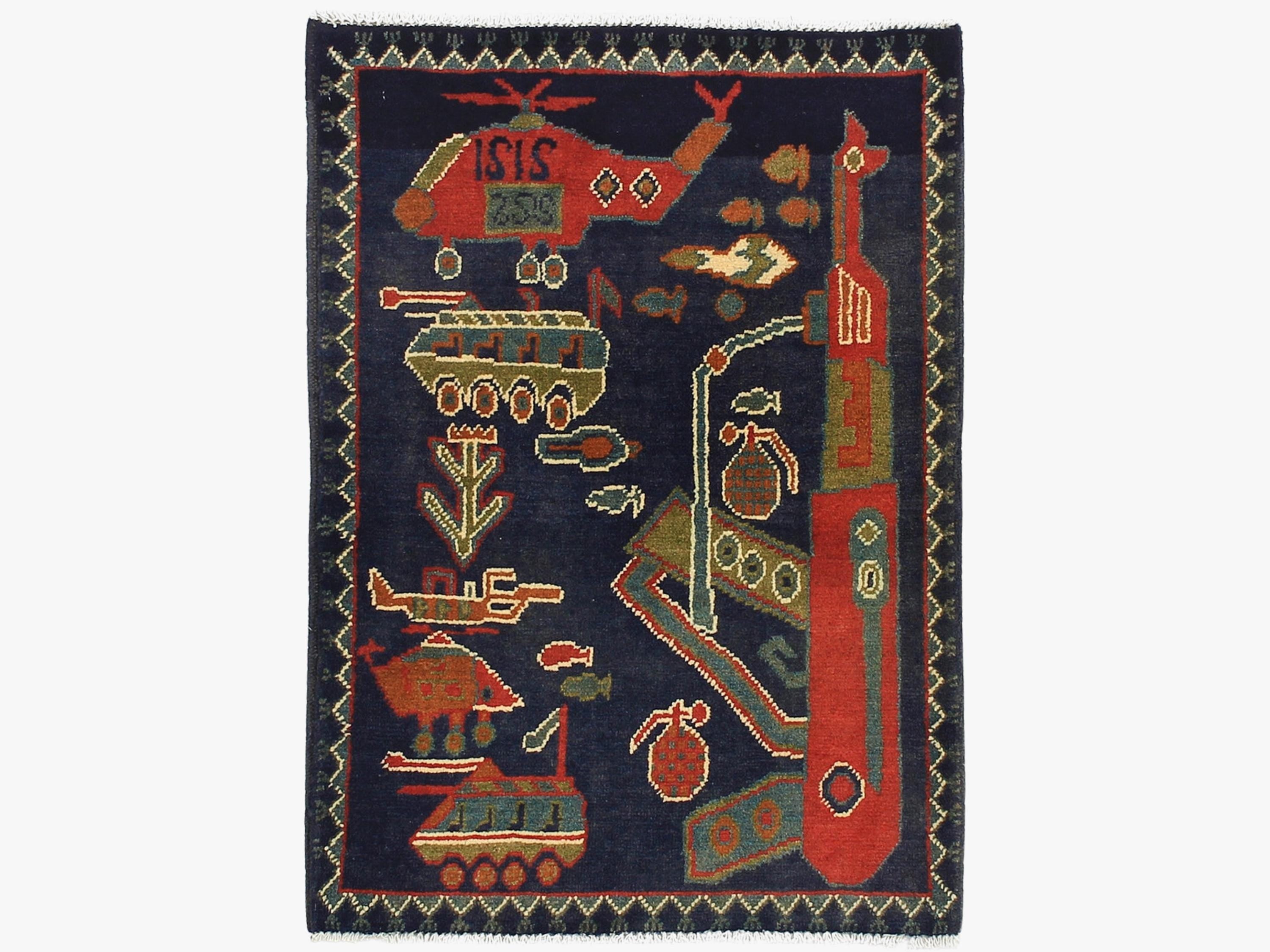 2x3 Pictorial Afghan War Rug, Handmade Wool Tribal Military Design