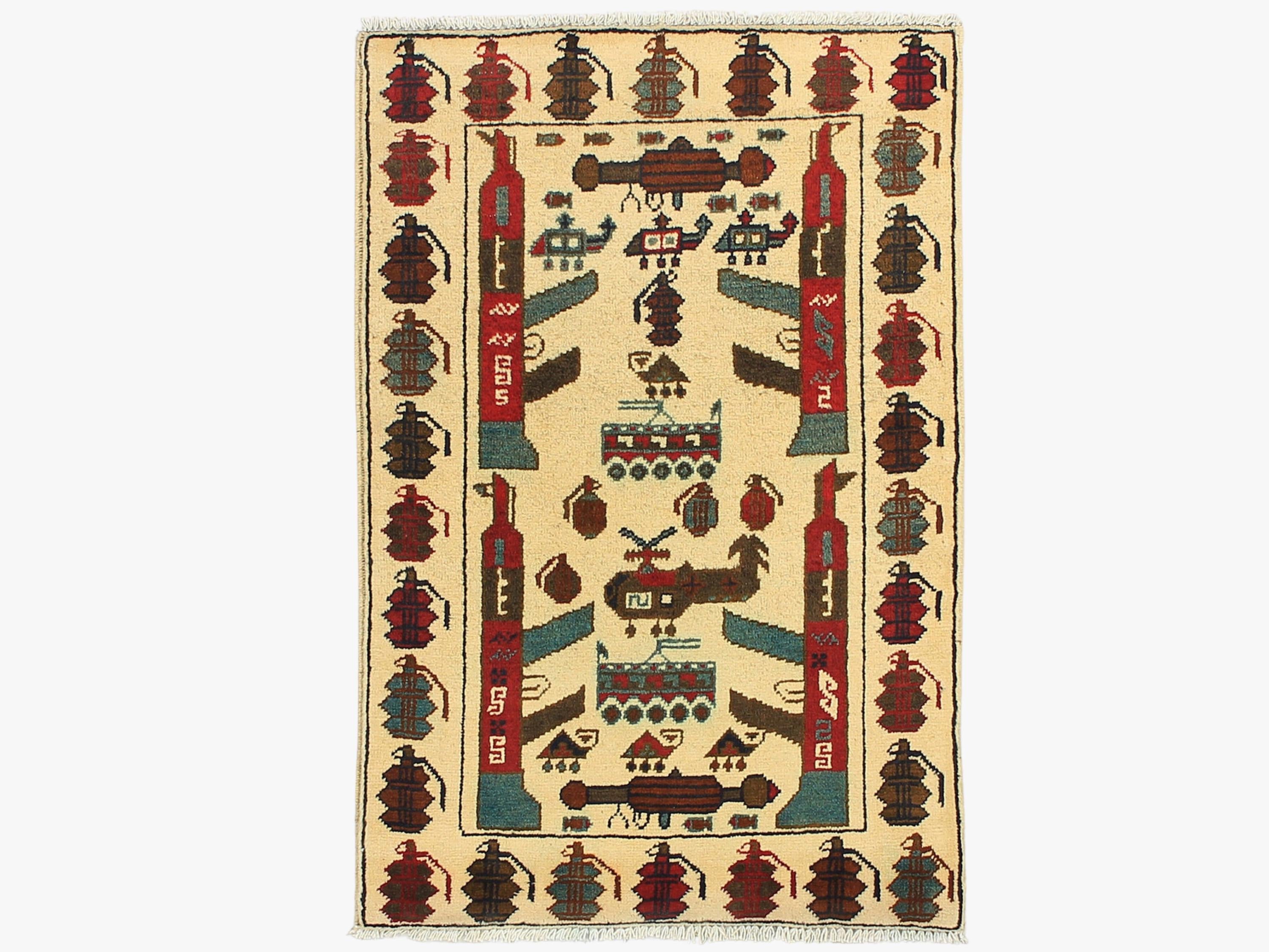 2x3 Handcrafted Ivory War Rug, Wool Afghan Tribal Wall Art