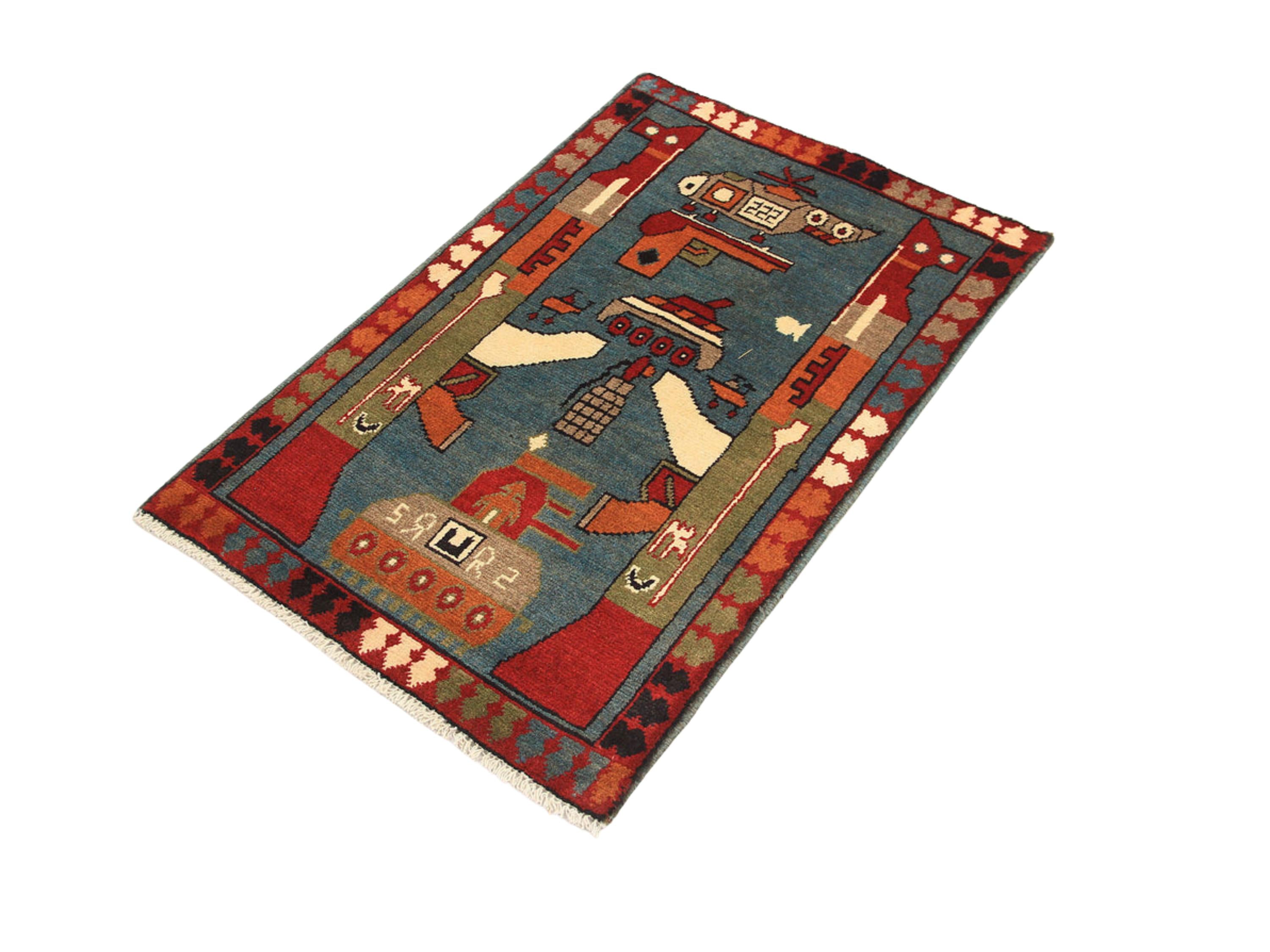 2x3 Blue Afghan War Rug, Wool Tribal Military Wall Hanging