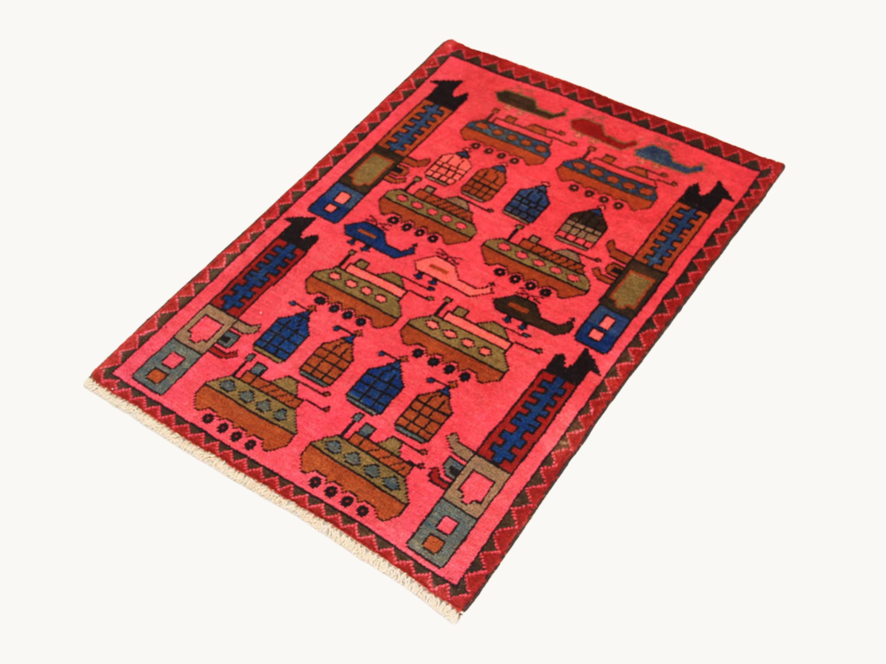 2x3 Pink Tribal War Rug, Handmade Wool Afghan Military Design