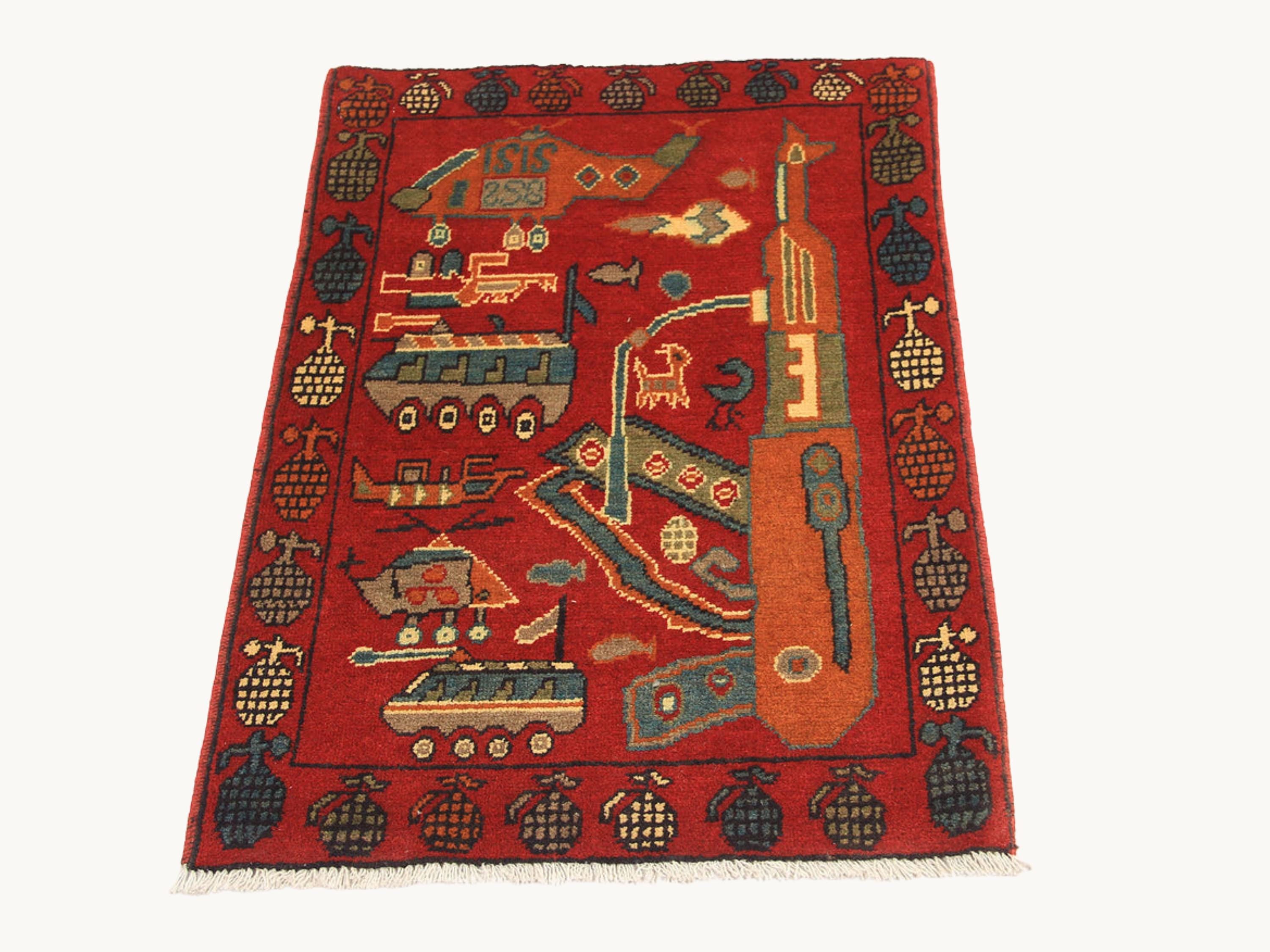 2x3 Military War Rug, Handmade Wool Afghan Tribal Rug, Collectible Folk Art Decor