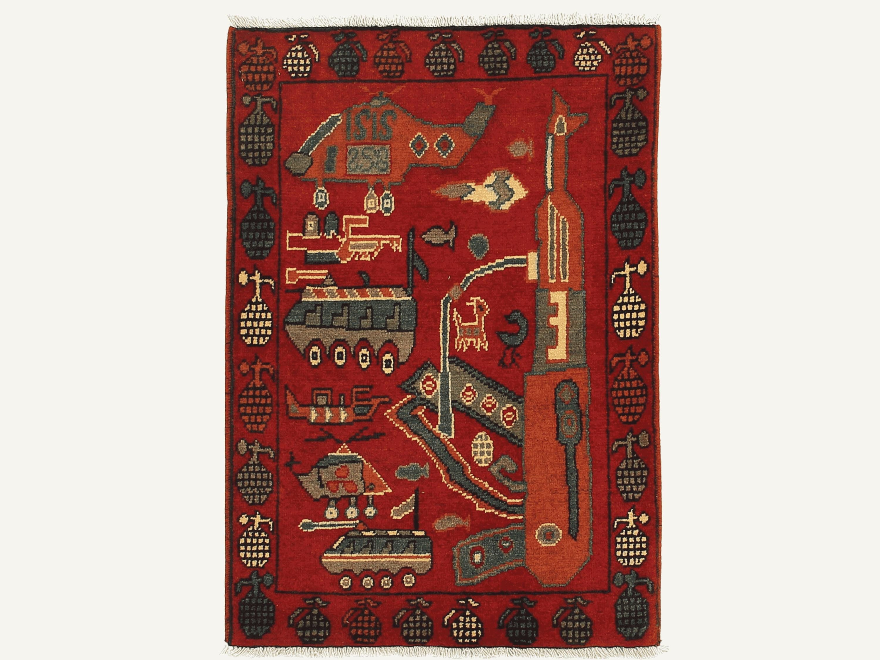 2x3 Red Afghan War Rug, Handmade Wool Pictorial Military Design