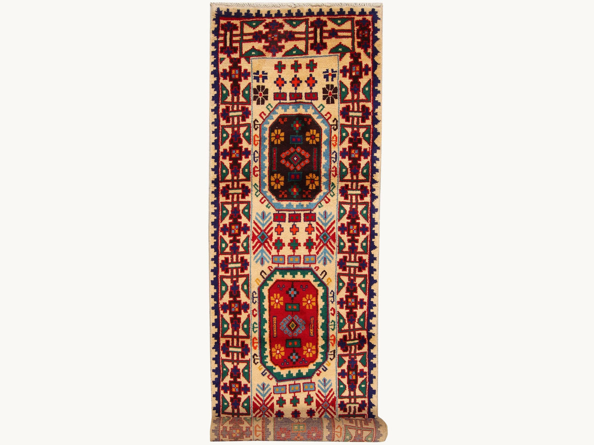 3x10 Tribal Runner Rug, Vintage Hand Knotted Wool Long Hallway Runner, Ivory Geometric Oriental Corridor Rug