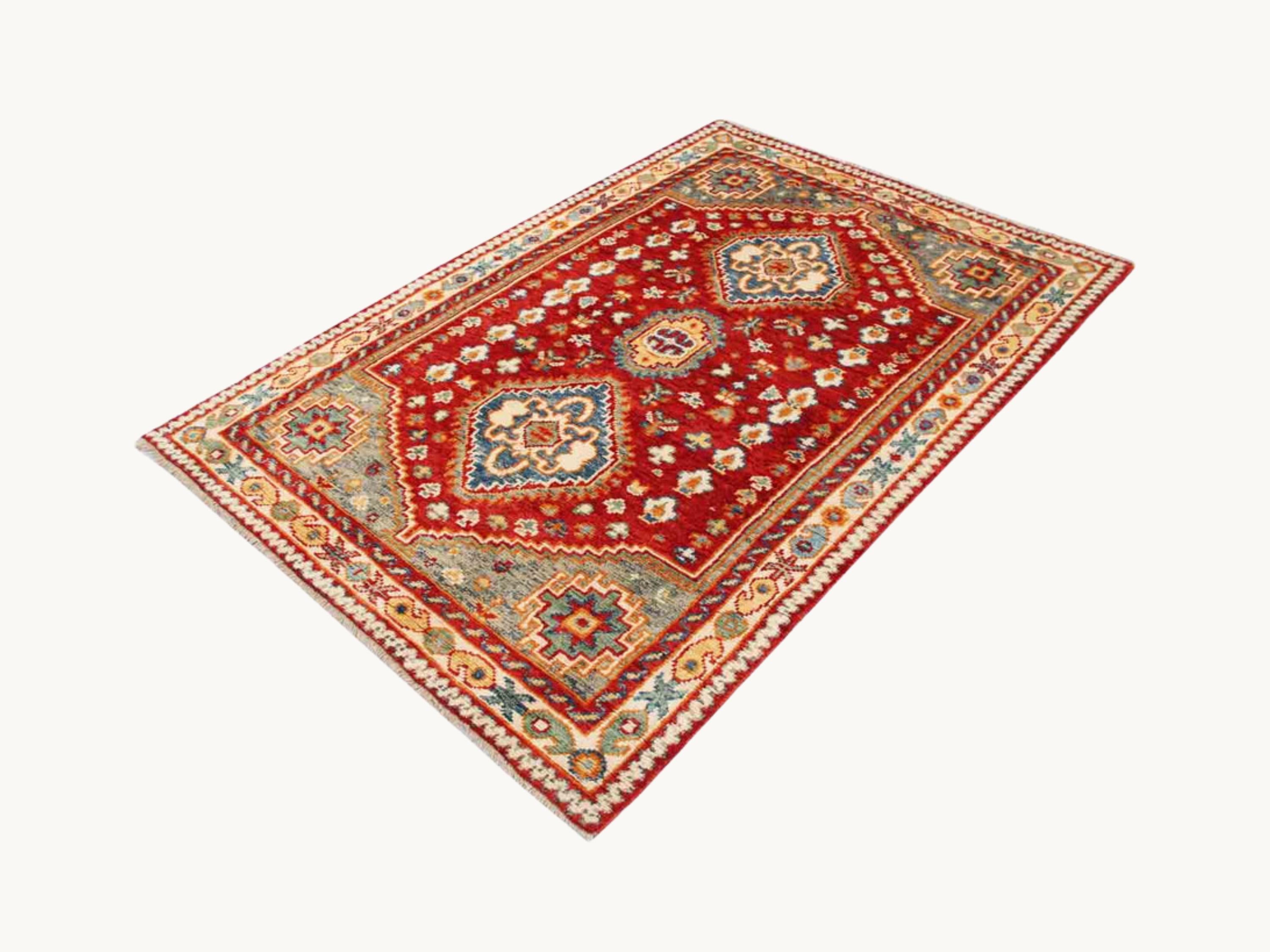Turkish Qashqai Wool Rug, Hand Knotted Tribal Area Rug, Red Geometric Carpet, Living Room Bedroom Accent Rug, 4x6 ft