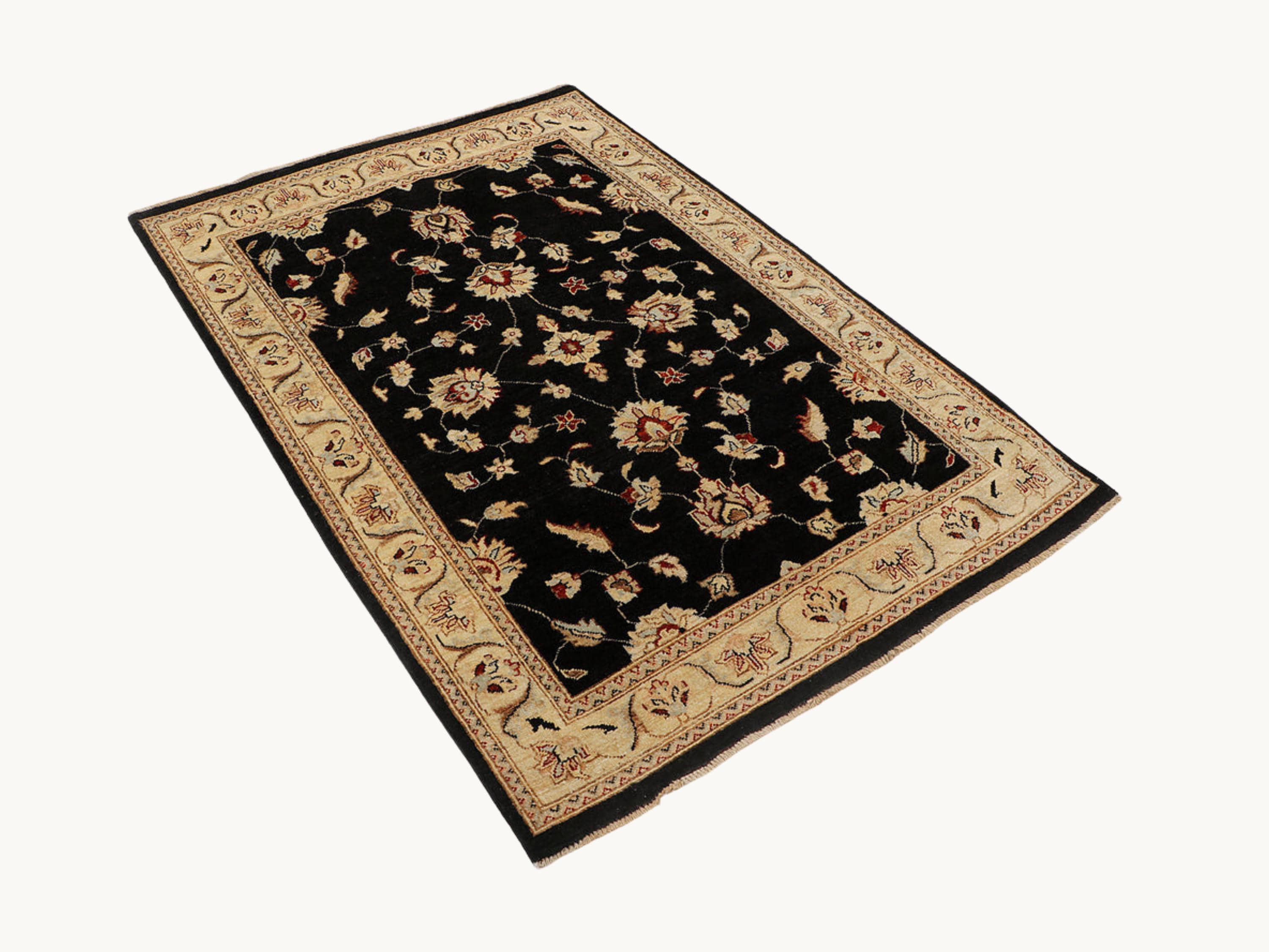 4x6 Persian Style Rug, Hand Knotted Black Wool Rug, Handmade Floral Area Carpet, Living Room Bedroom Decor