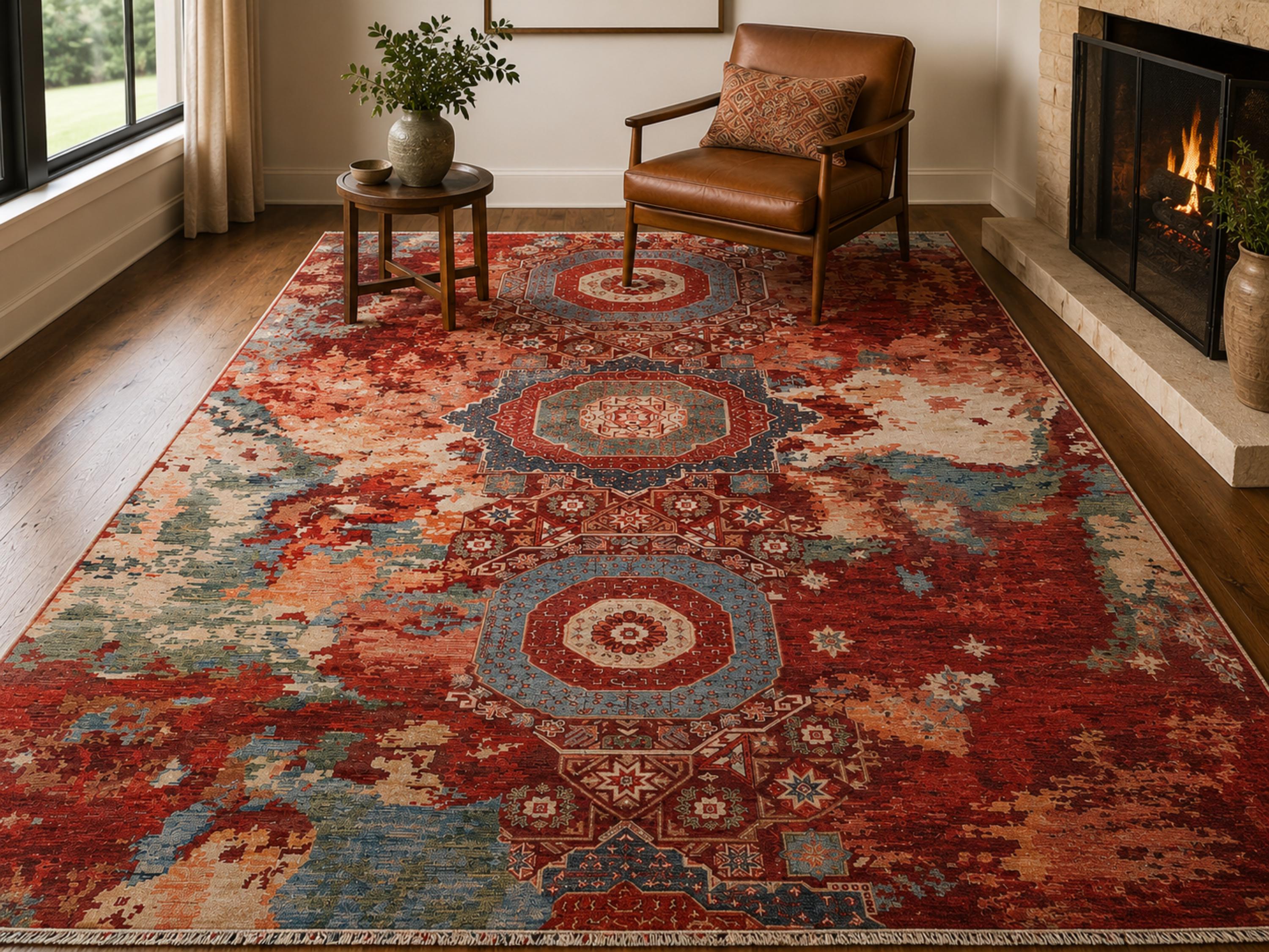 8x10 Persian Style Mamluk Rug, Hand Knotted Wool Area Rug, Geometric Medallion Carpet, Living Room Dining Room Decor