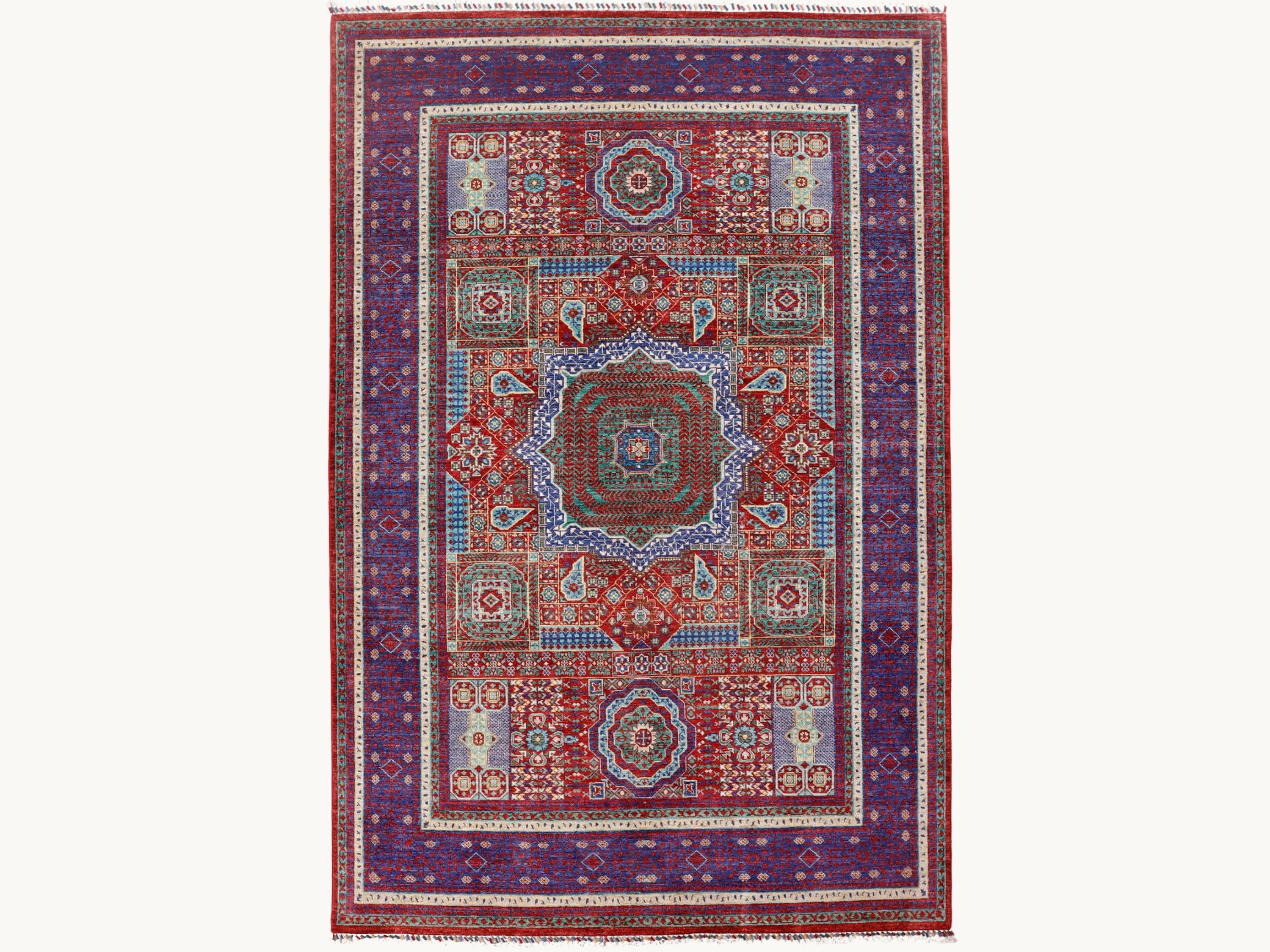 6.6x10 Persian Style Mamluk Rug, Red Hand Knotted Wool Area Rug, Geometric Medallion Living Room Dining Decor