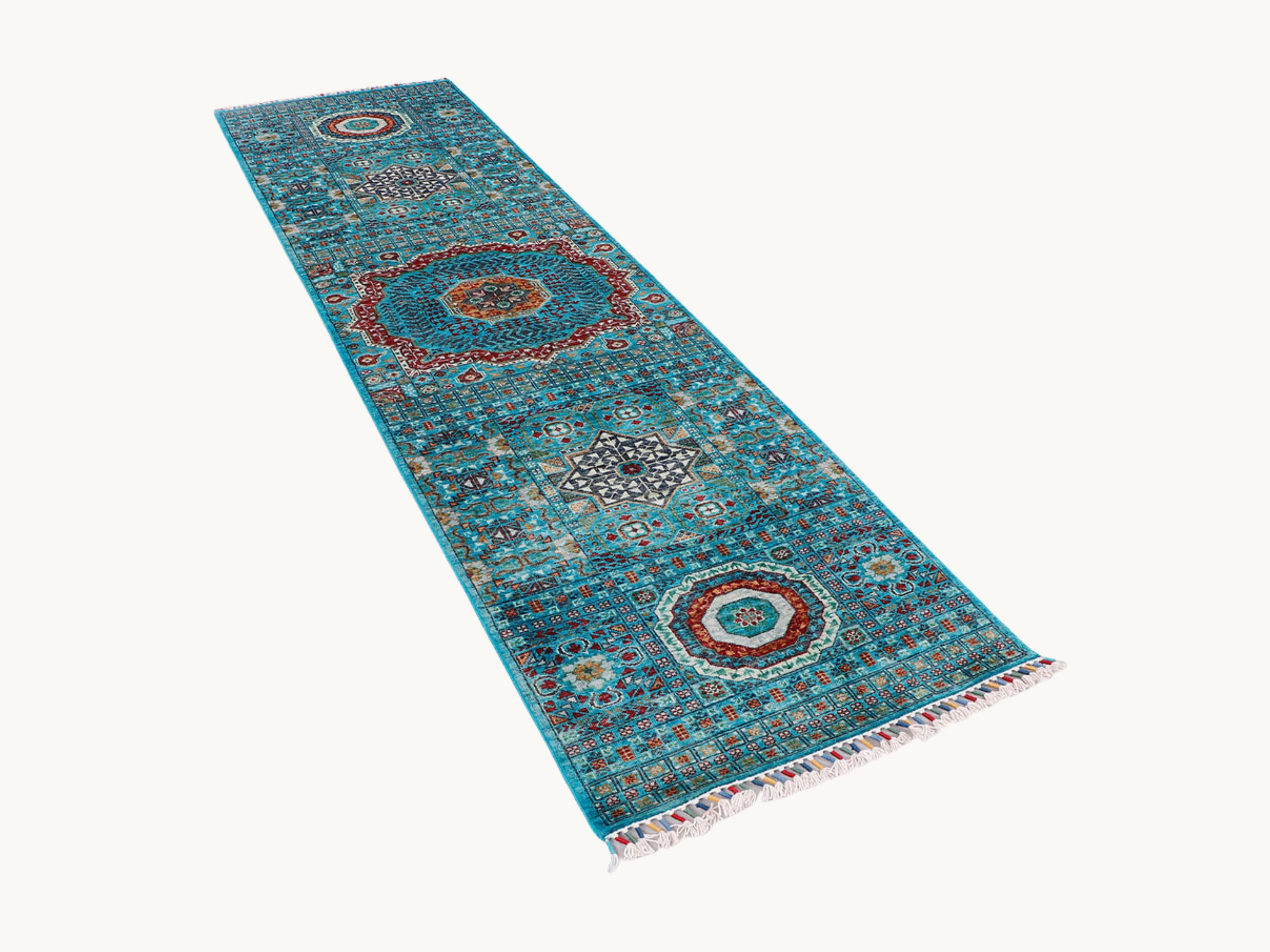 3x10 Mamluk Style Runner Rug, Hand Knotted Wool Medallion Long Hallway Runner, Aqua Oriental Kitchen Entryway Carpet