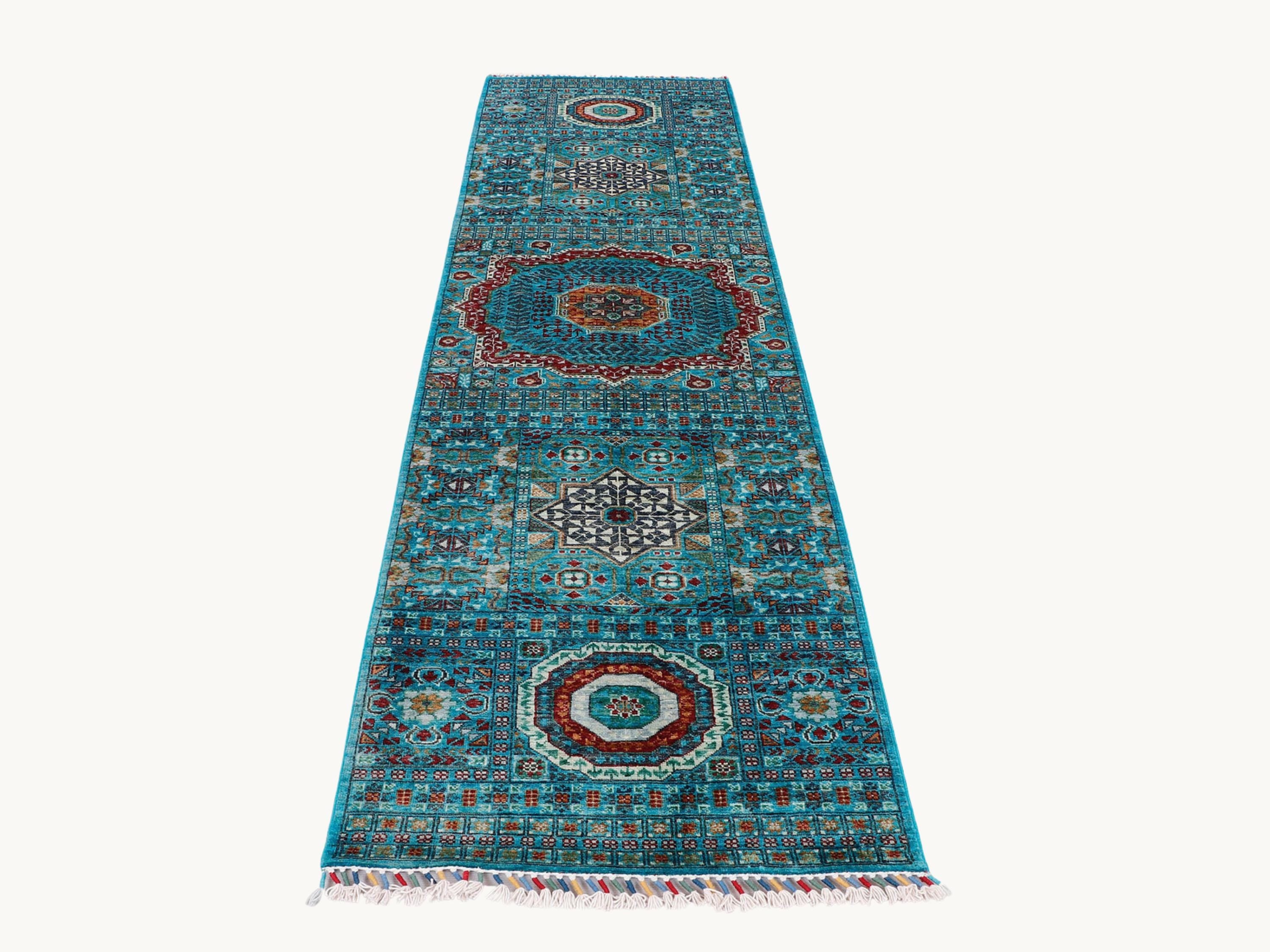 3x10 Mamluk Style Runner Rug, Hand Knotted Wool Medallion Long Hallway Runner, Aqua Oriental Kitchen Entryway Carpet