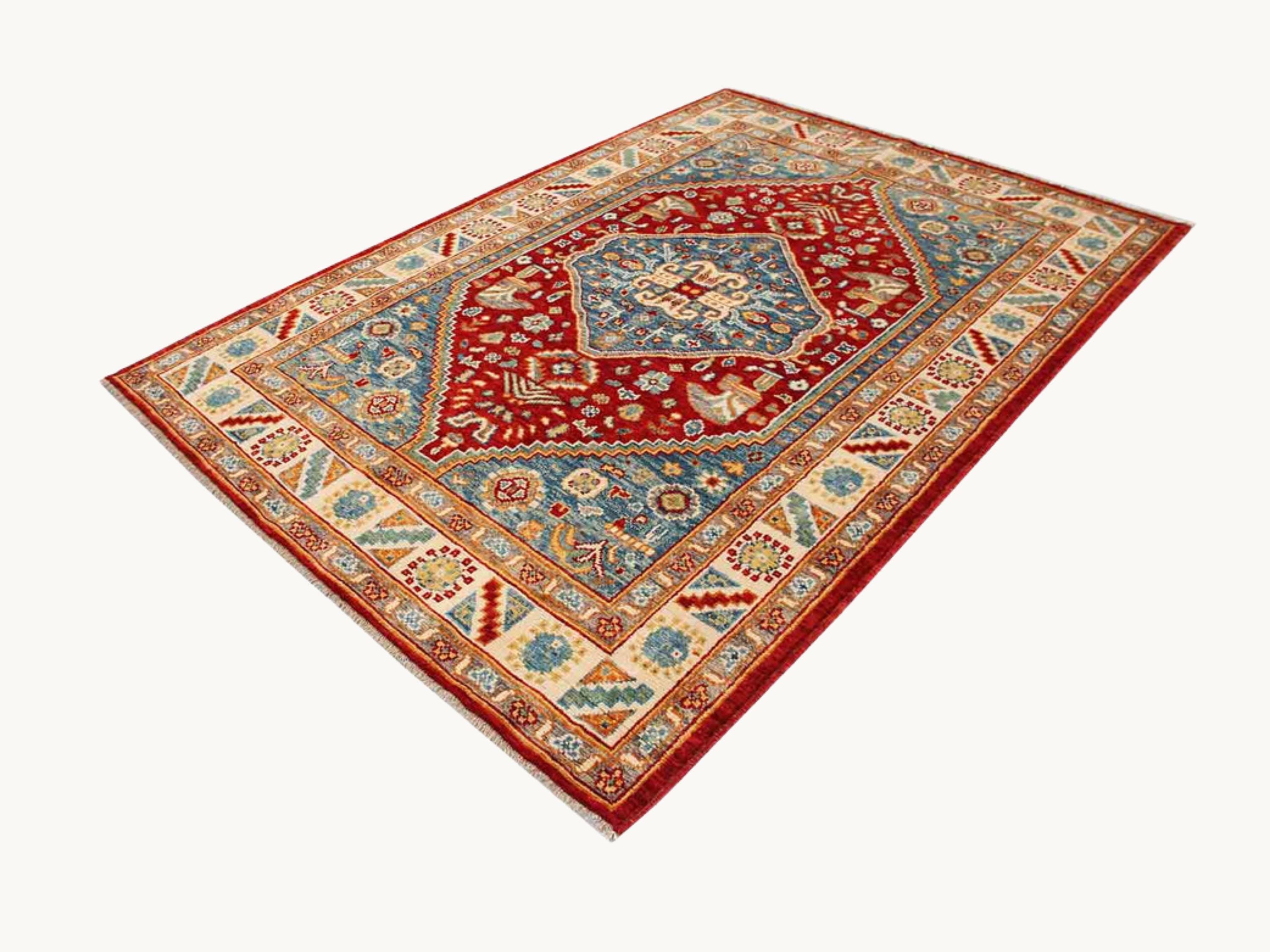 5.6x8 Turkish Qashqai Rug, Blue Red Hand Knotted Wool Area Rug, Tribal Geometric Carpet, Living Room Bedroom Decor