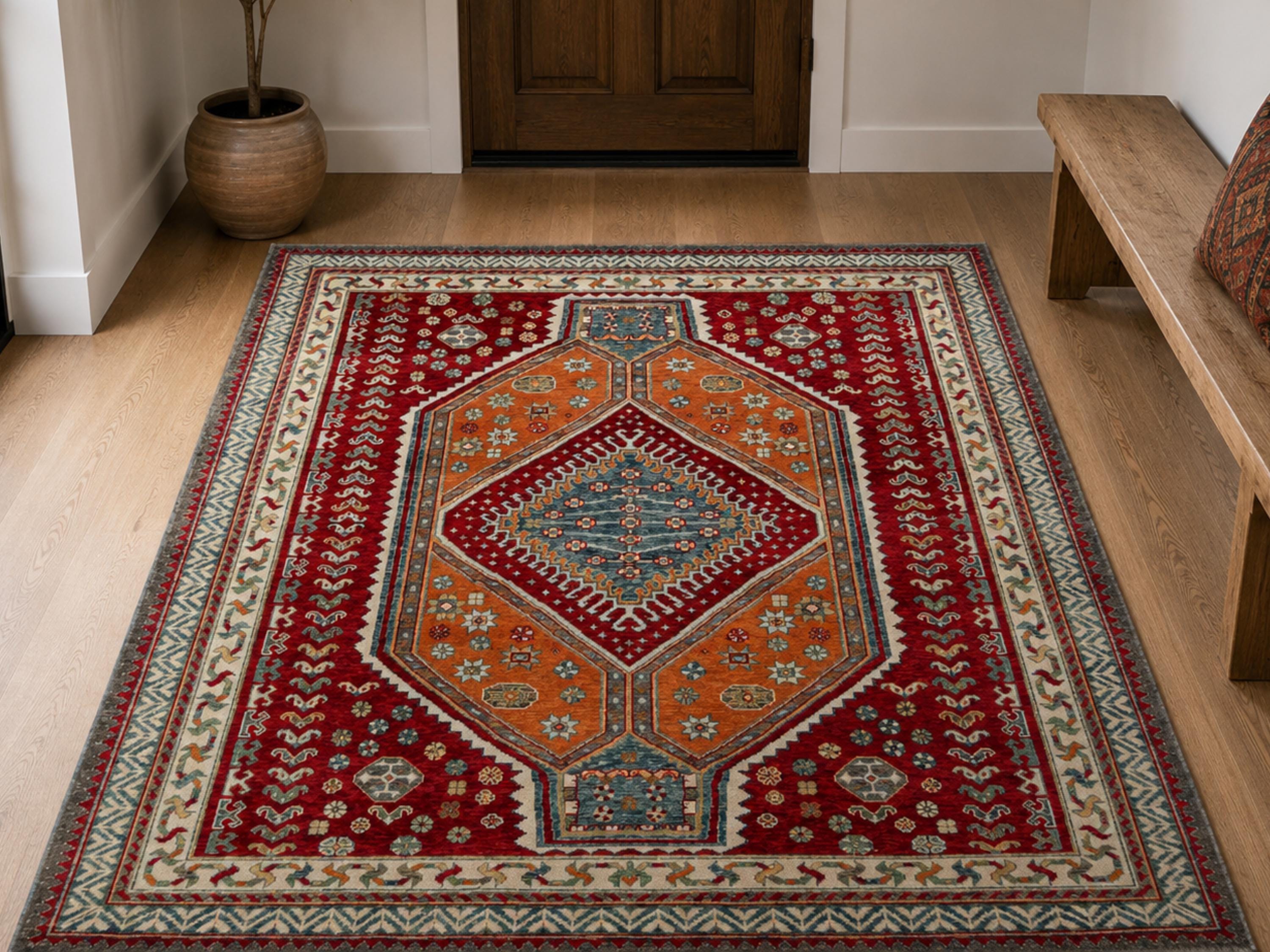 8x10 Turkish Qashqai Rug, Red Hand Knotted Wool Area Rug, Tribal Geometric Carpet, Living Room Dining Room Decor