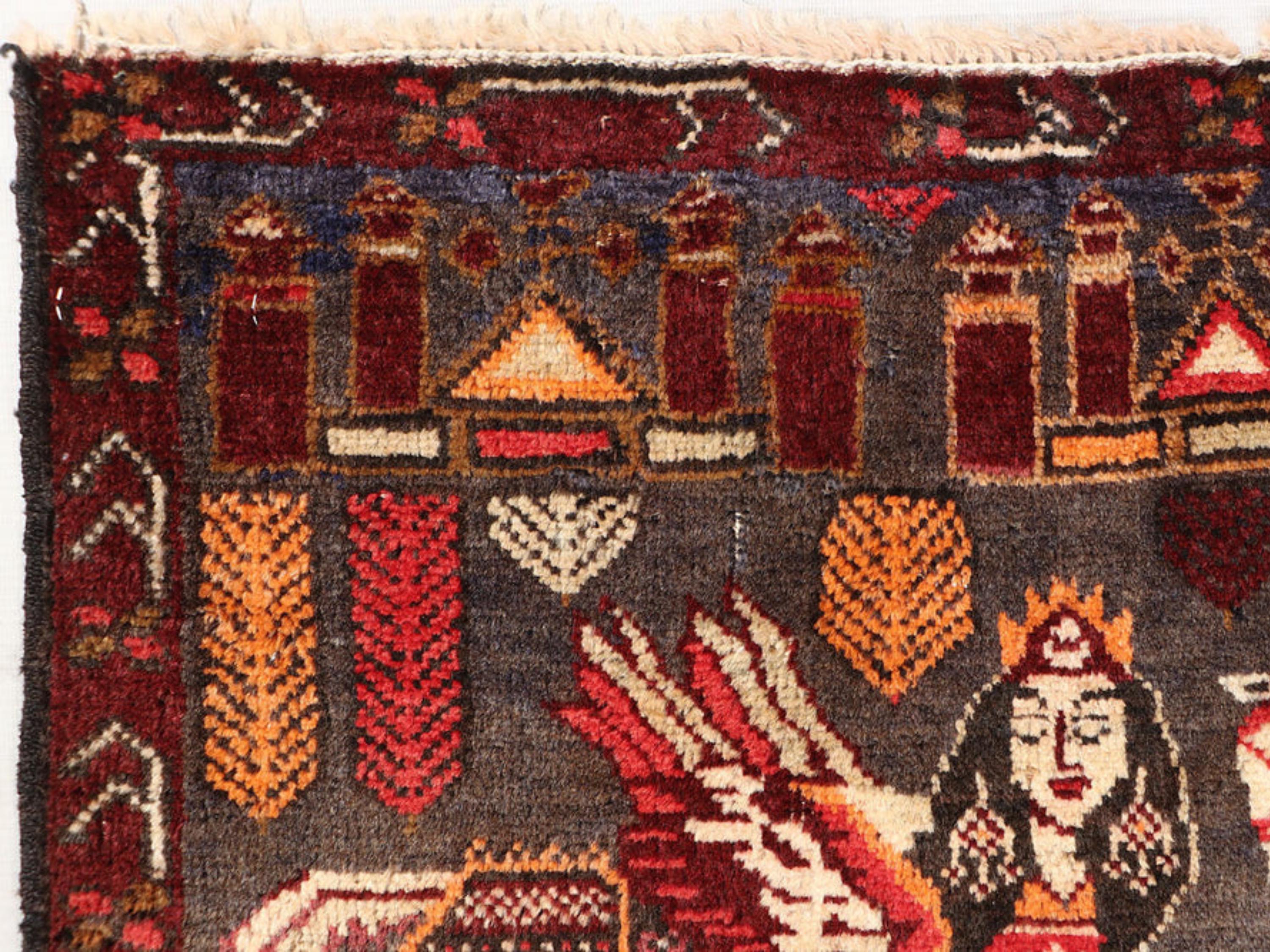 3x4 Tribal Pictorial Tapestry Wall Hanging Rug, Afghan Style Handmade Wool Textile Wall Art, Boho Folk Art Decor