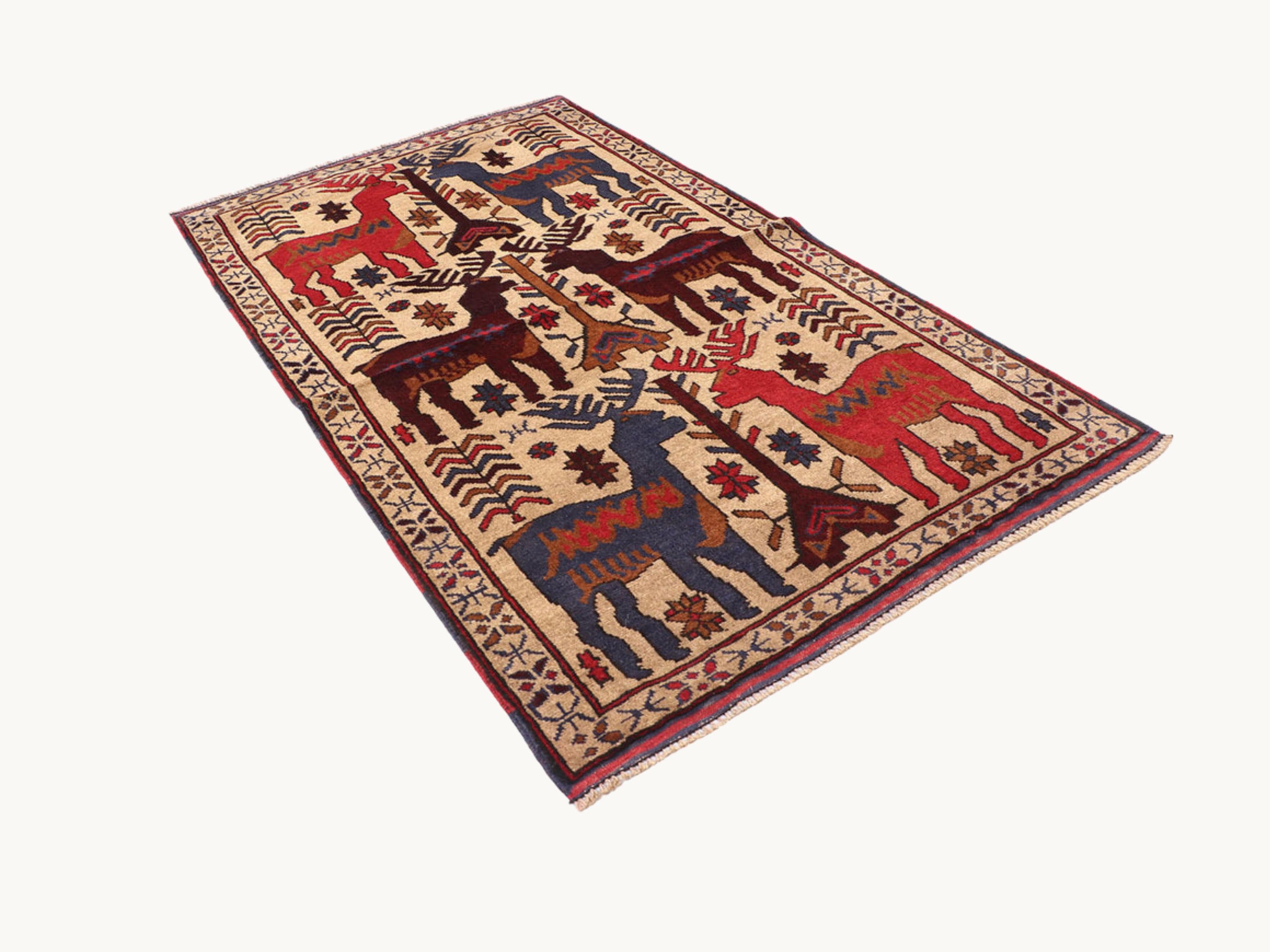 3x5 Animal Motif Tapestry Wall Hanging Rug, Afghan Style Handmade Wool Textile Wall Art, Tribal Folk Art Decor
