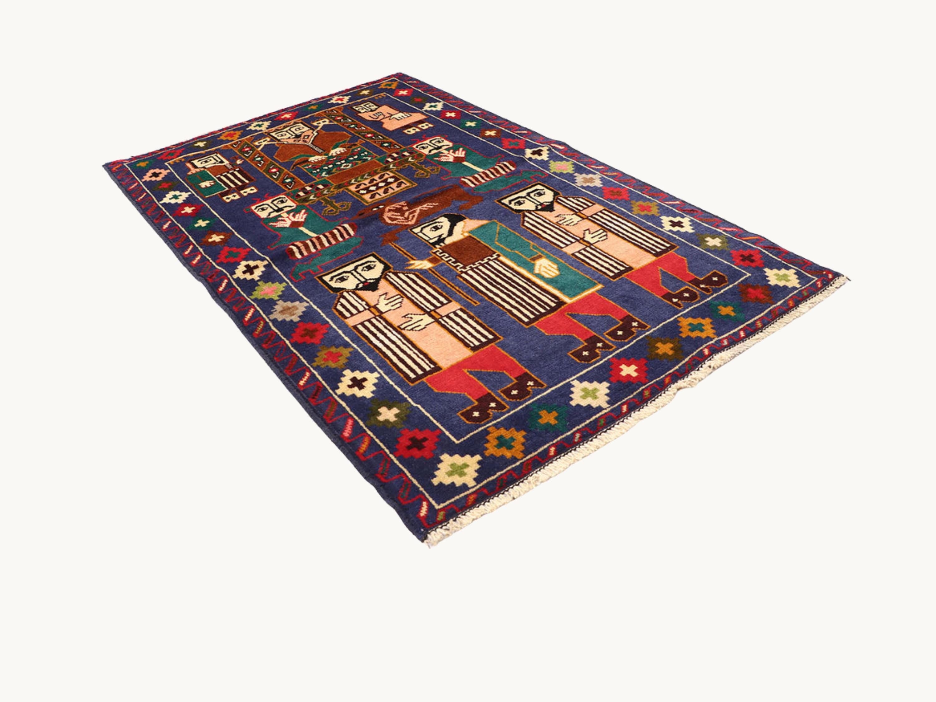 3x5 Folk Figure Woven Wall Hanging, Hand Knotted Wool Afghan Tapestry, Purple Tribal Pictorial Wall Art