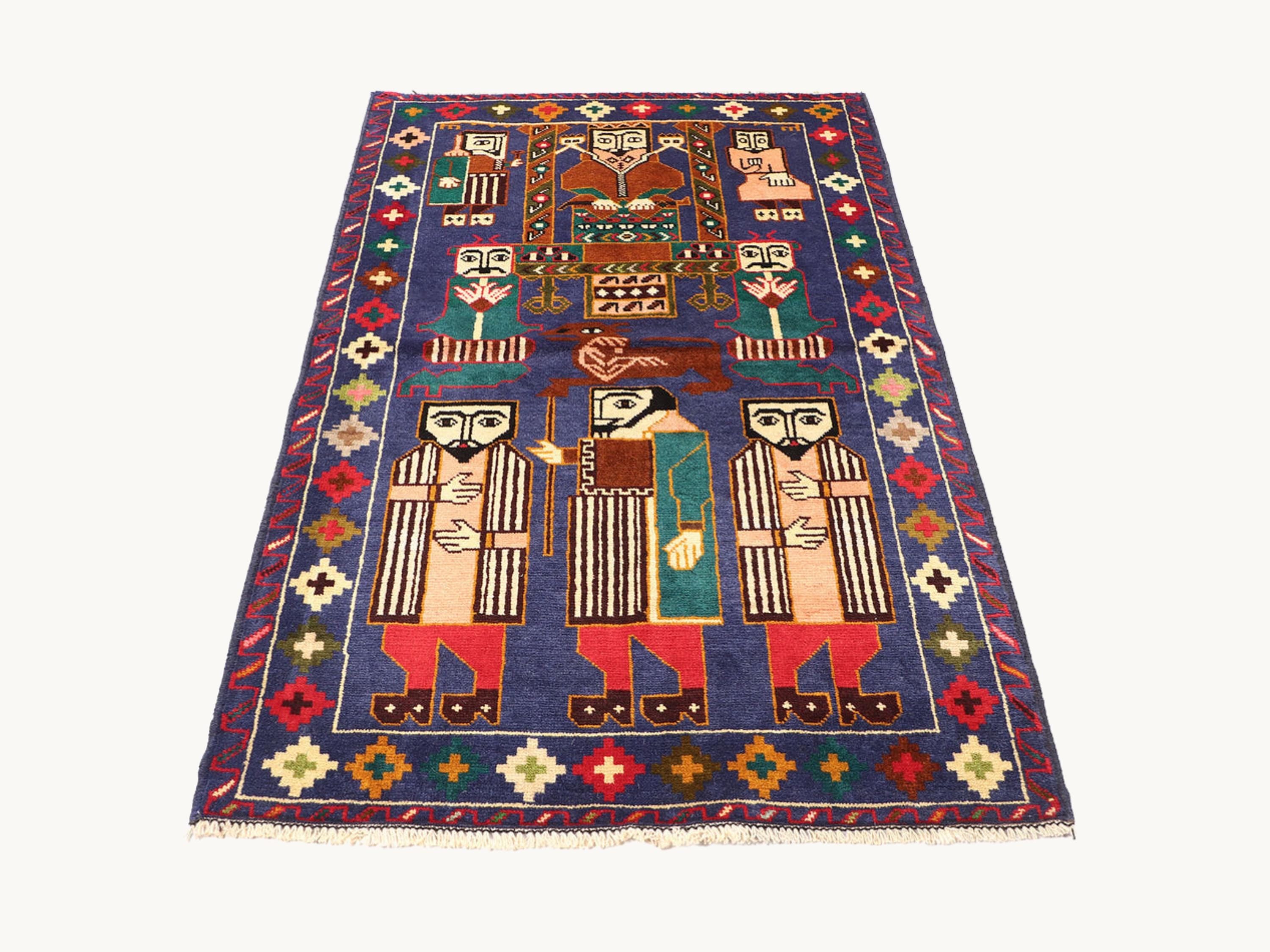 3x5 Folk Figure Woven Wall Hanging Rug, Hand Knotted Wool Tapestry, Afghan Style Textile Wall Art, Purple Tribal Decor