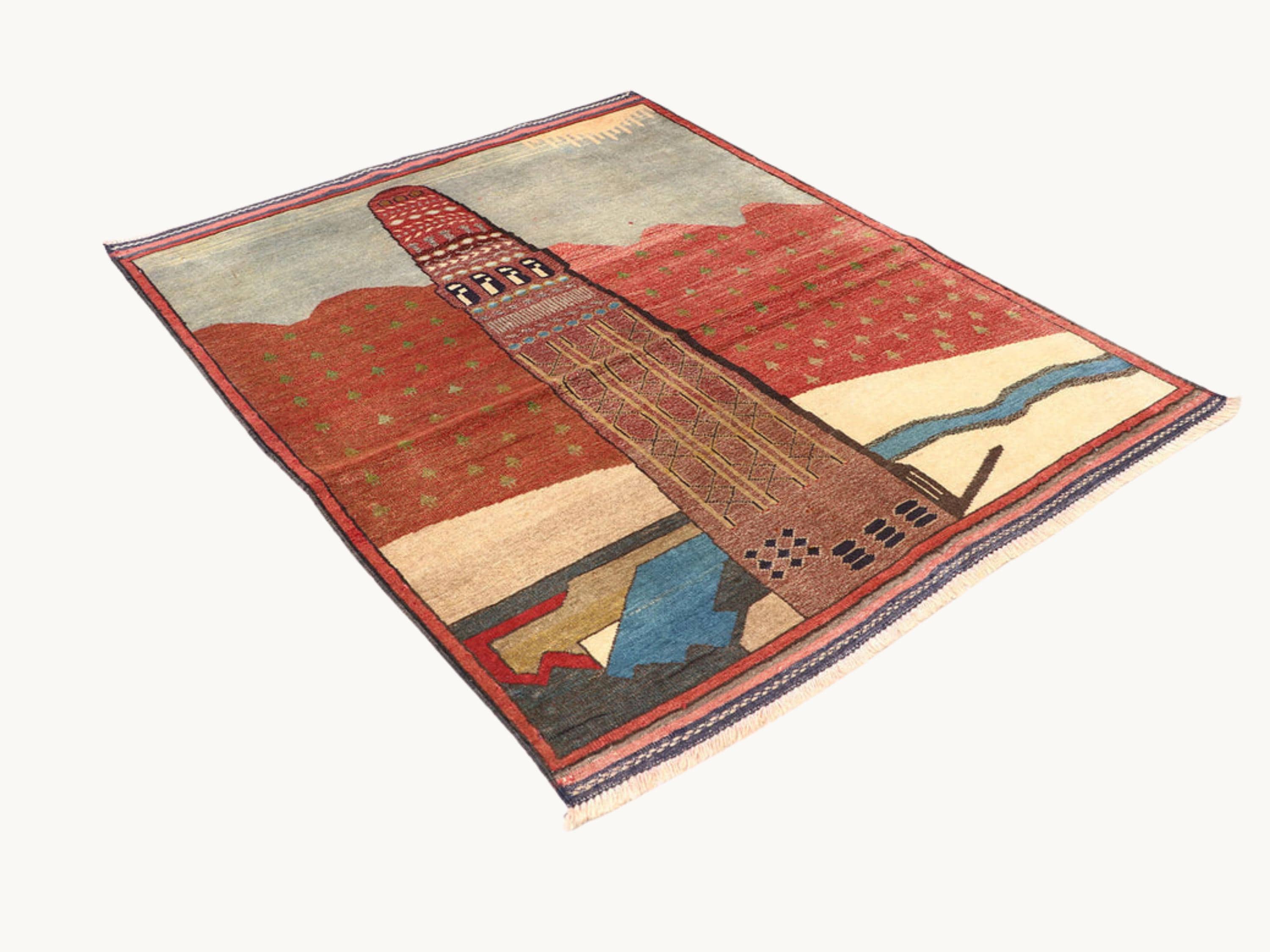 3x4 Architectural Pictorial Tapestry Wall Hanging Rug, Afghan Style Handmade Wool Textile Wall Art, Folk Art Decor