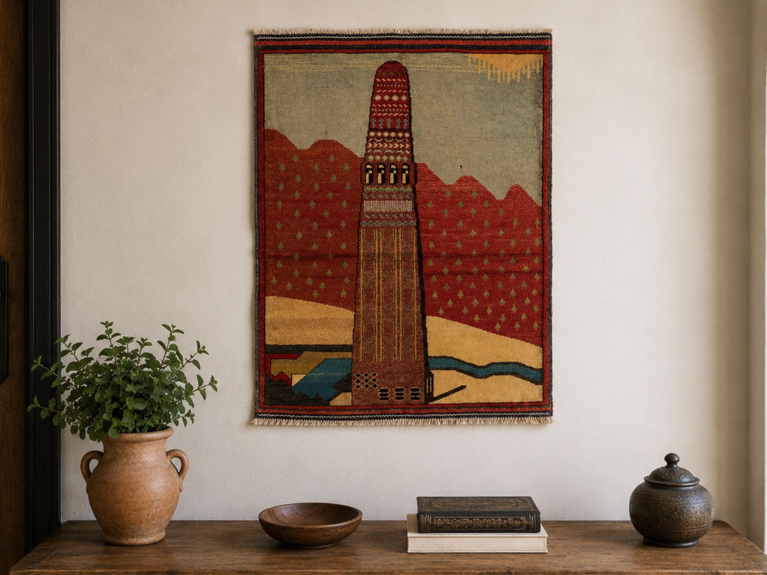 3x4 Architectural Pictorial Tapestry Wall Hanging Rug, Afghan Style Handmade Wool Textile Wall Art, Folk Art Decor