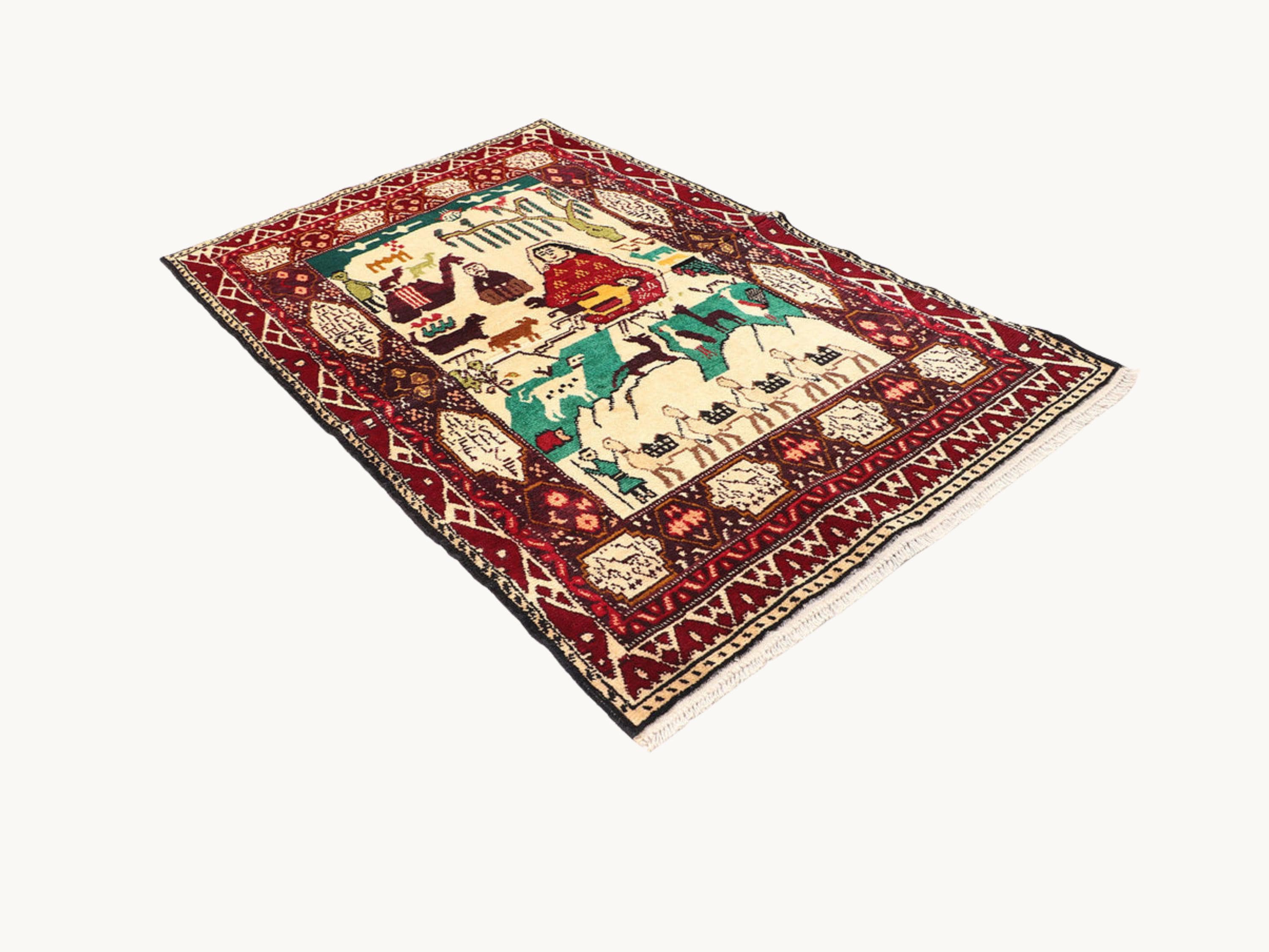 3x5 Ivory Pictorial Woven Wall Hanging Rug, Hand Knotted Wool Tapestry, Afghan Style Textile Wall Art, Animal Motif