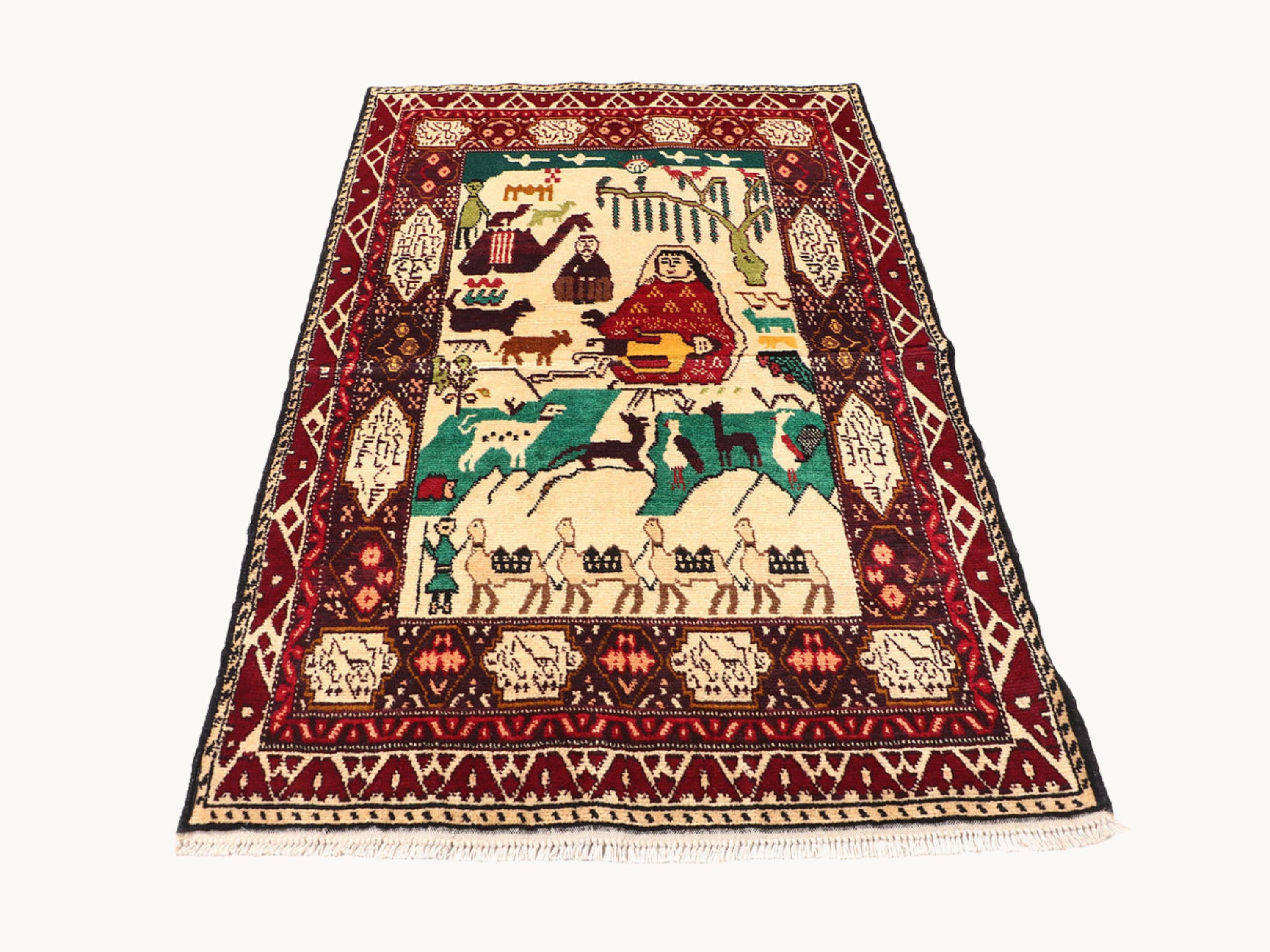 3x5 Ivory Pictorial Woven Wall Hanging Rug, Hand Knotted Wool Tapestry, Afghan Style Textile Wall Art, Animal Motif