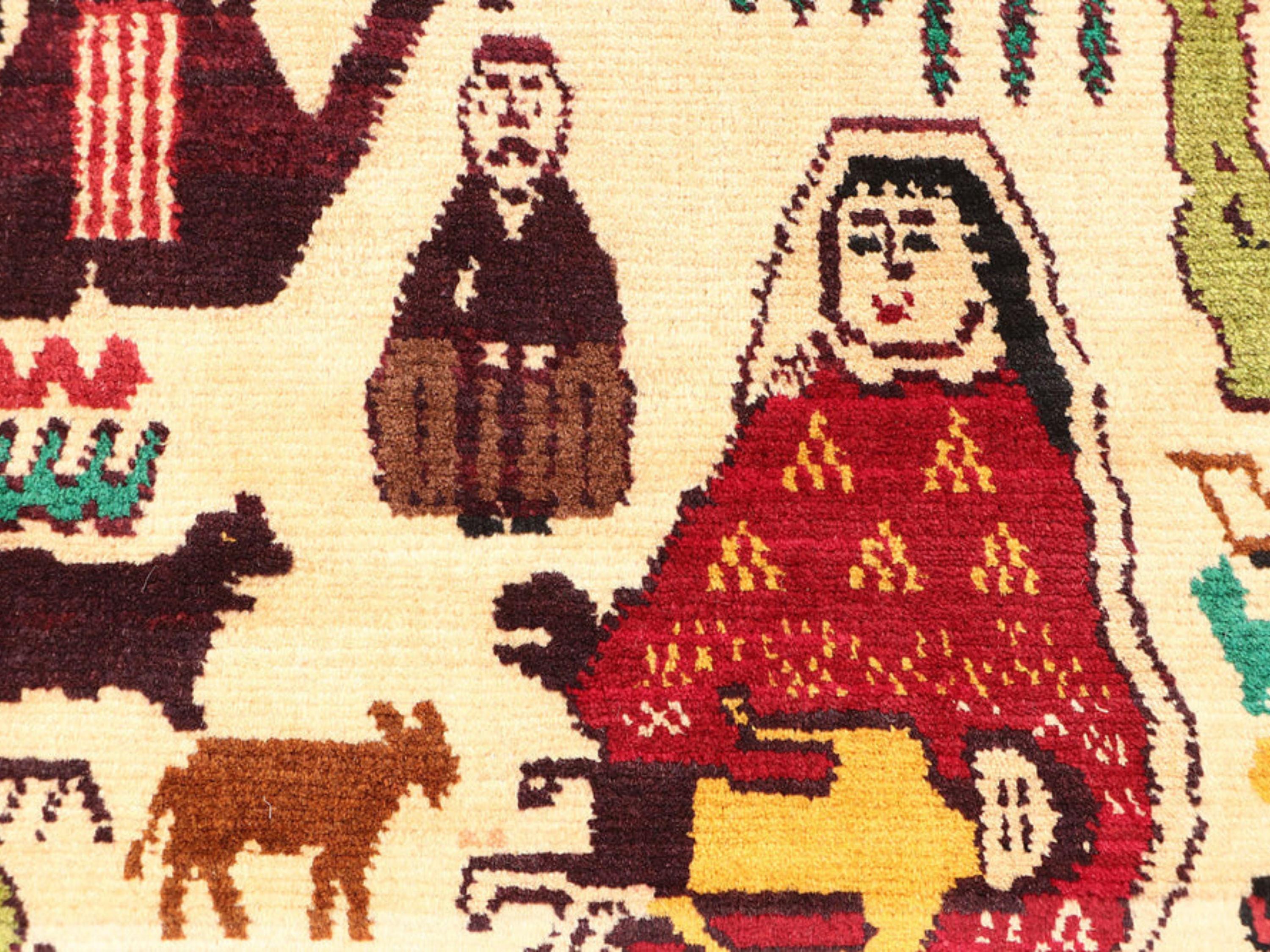 3x5 Ivory Pictorial Woven Wall Hanging Rug, Hand Knotted Wool Tapestry, Afghan Style Textile Wall Art, Animal Motif