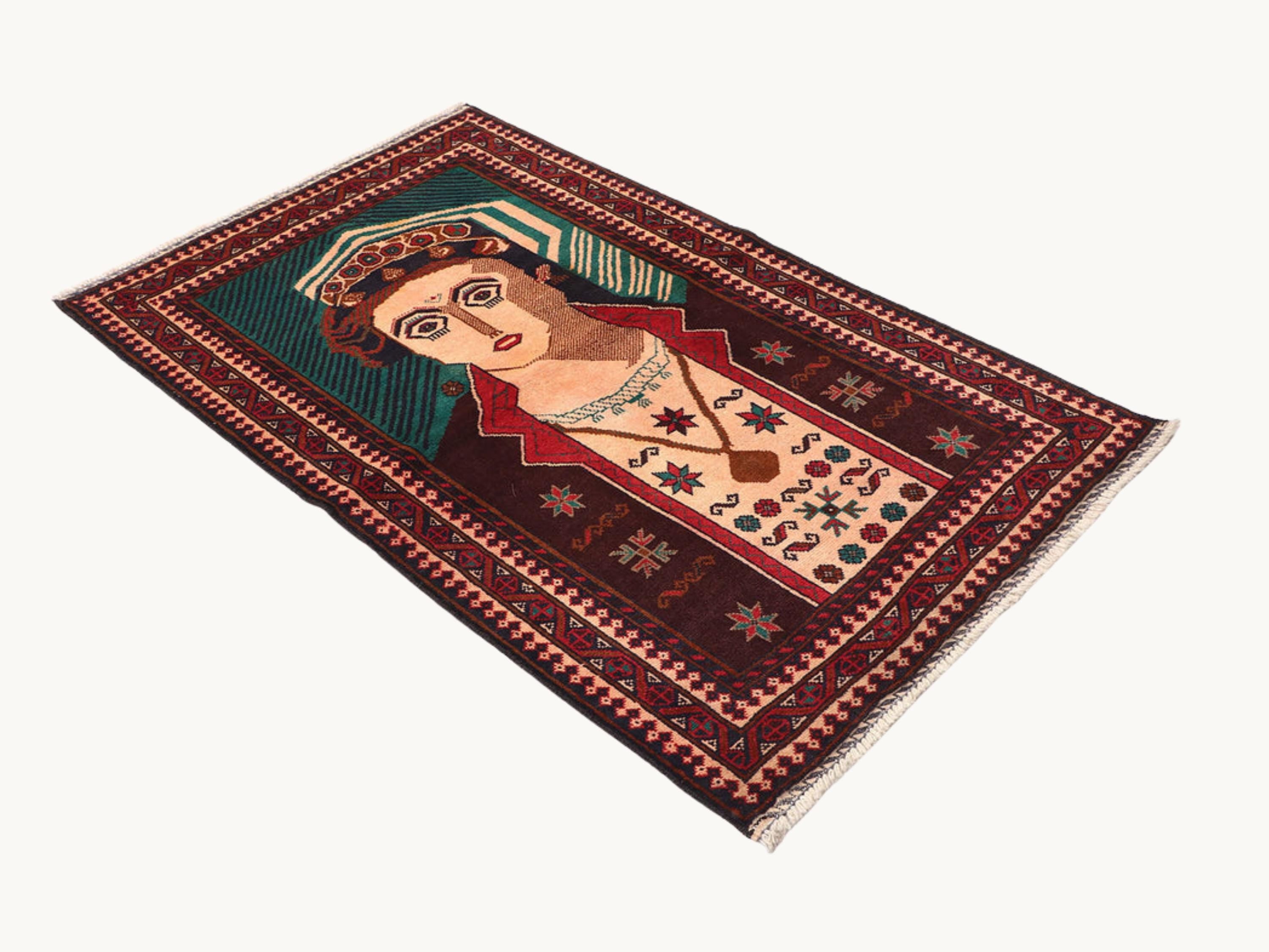 3x5 Portrait Pictorial Tapestry Wall Hanging Rug, Afghan Style Handmade Wool Textile Wall Art, Folk Art Decor