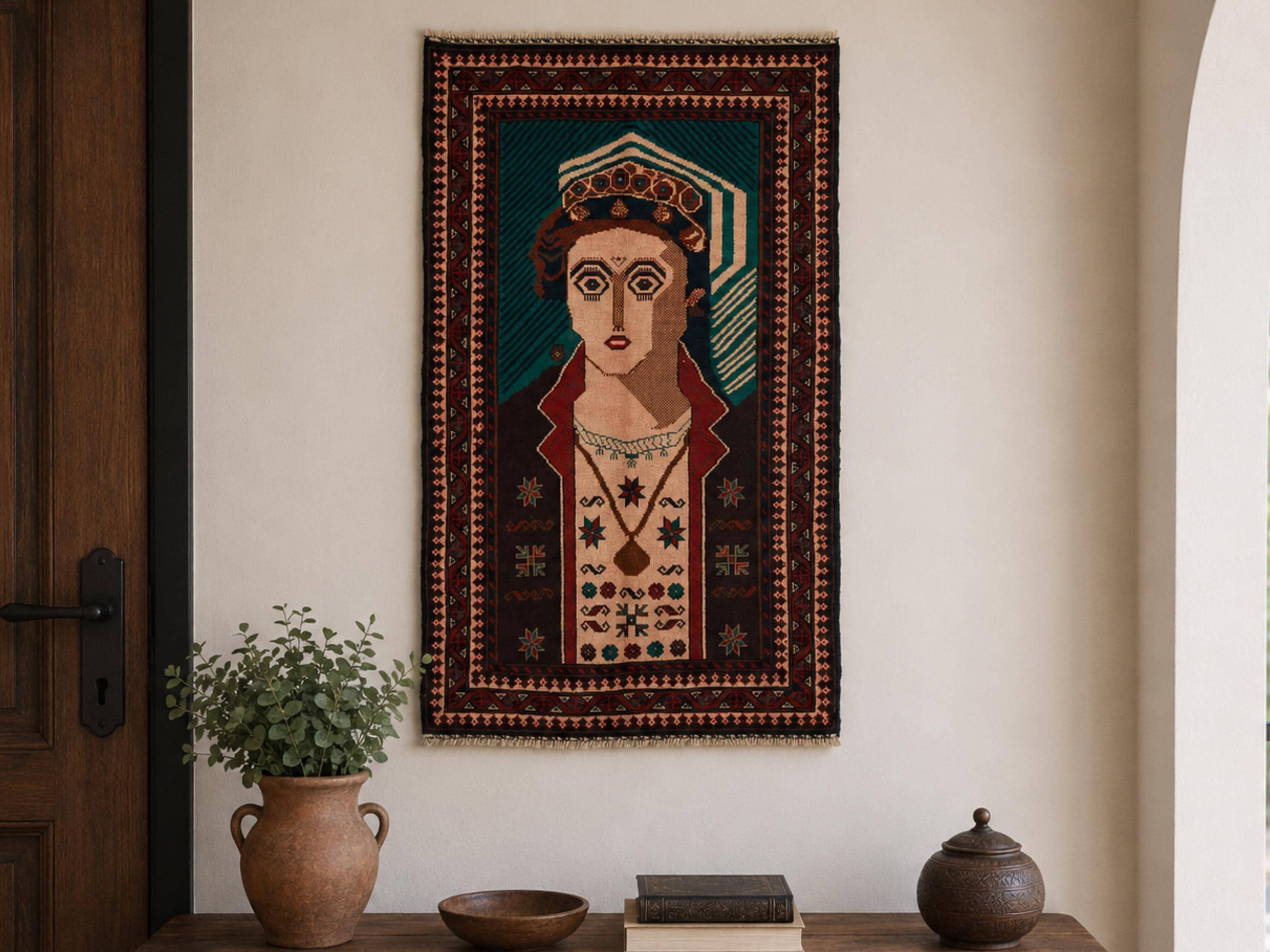 3x5 Portrait Pictorial Tapestry Wall Hanging Rug, Afghan Style Handmade Wool Textile Wall Art, Folk Art Decor
