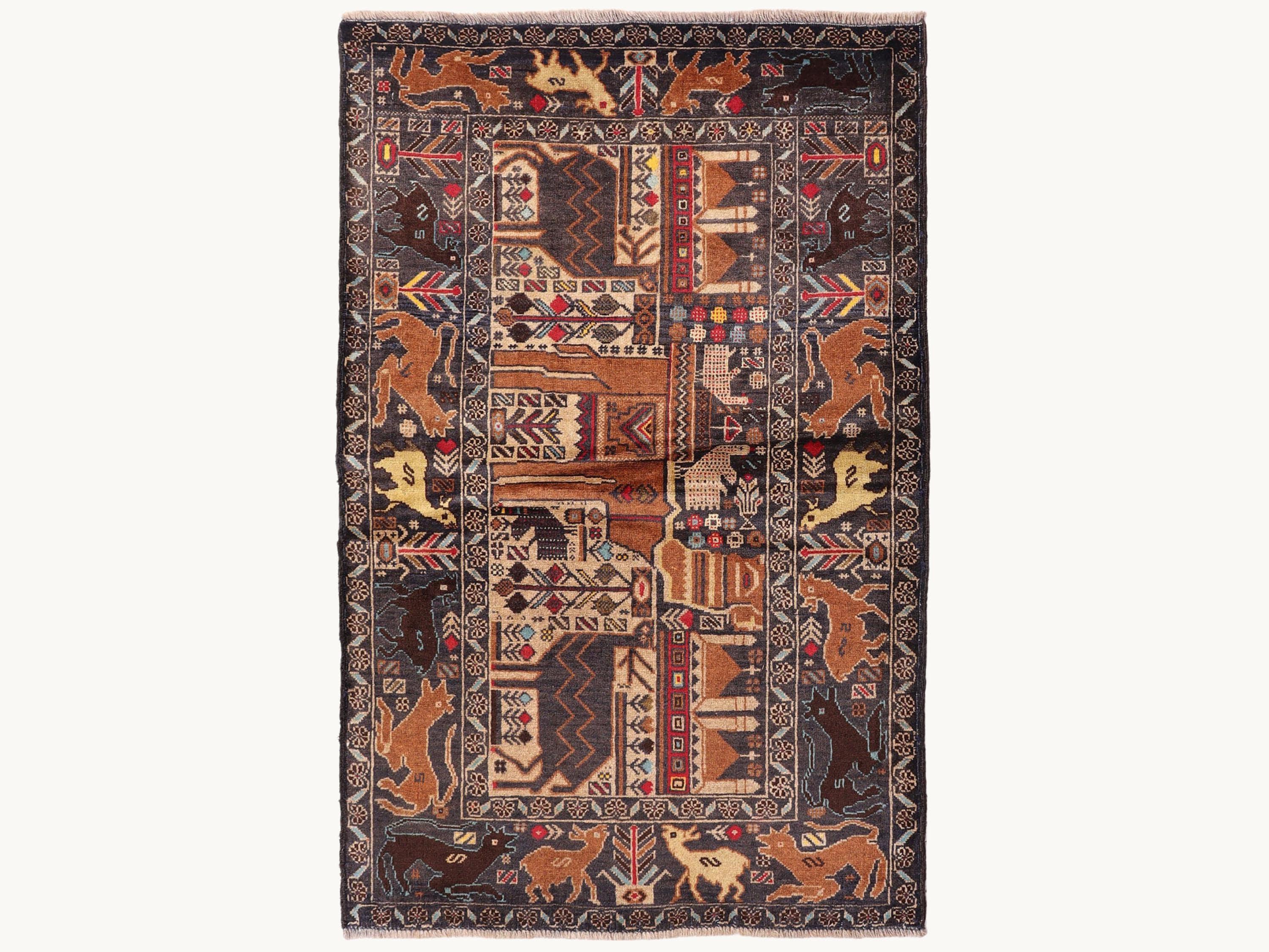 3x5 Village Scene Woven Wall Hanging, Hand Knotted Wool Afghan Tapestry, Navy Folk Art Pictorial Wall Art