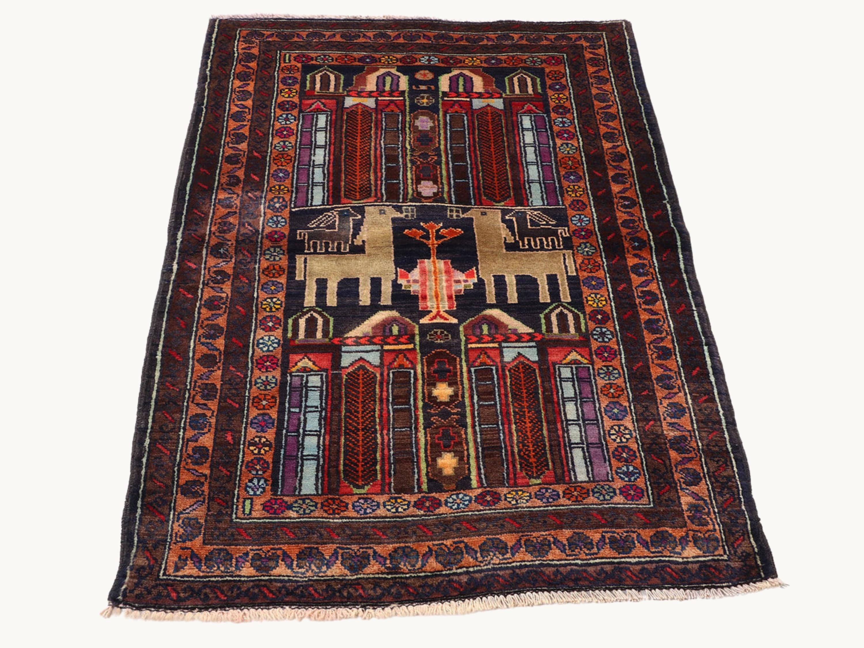 x5 Arched Garden Woven Wall Hanging, Hand Knotted Wool Afghan Tapestry, Red Tree of Life Folk Wall Art