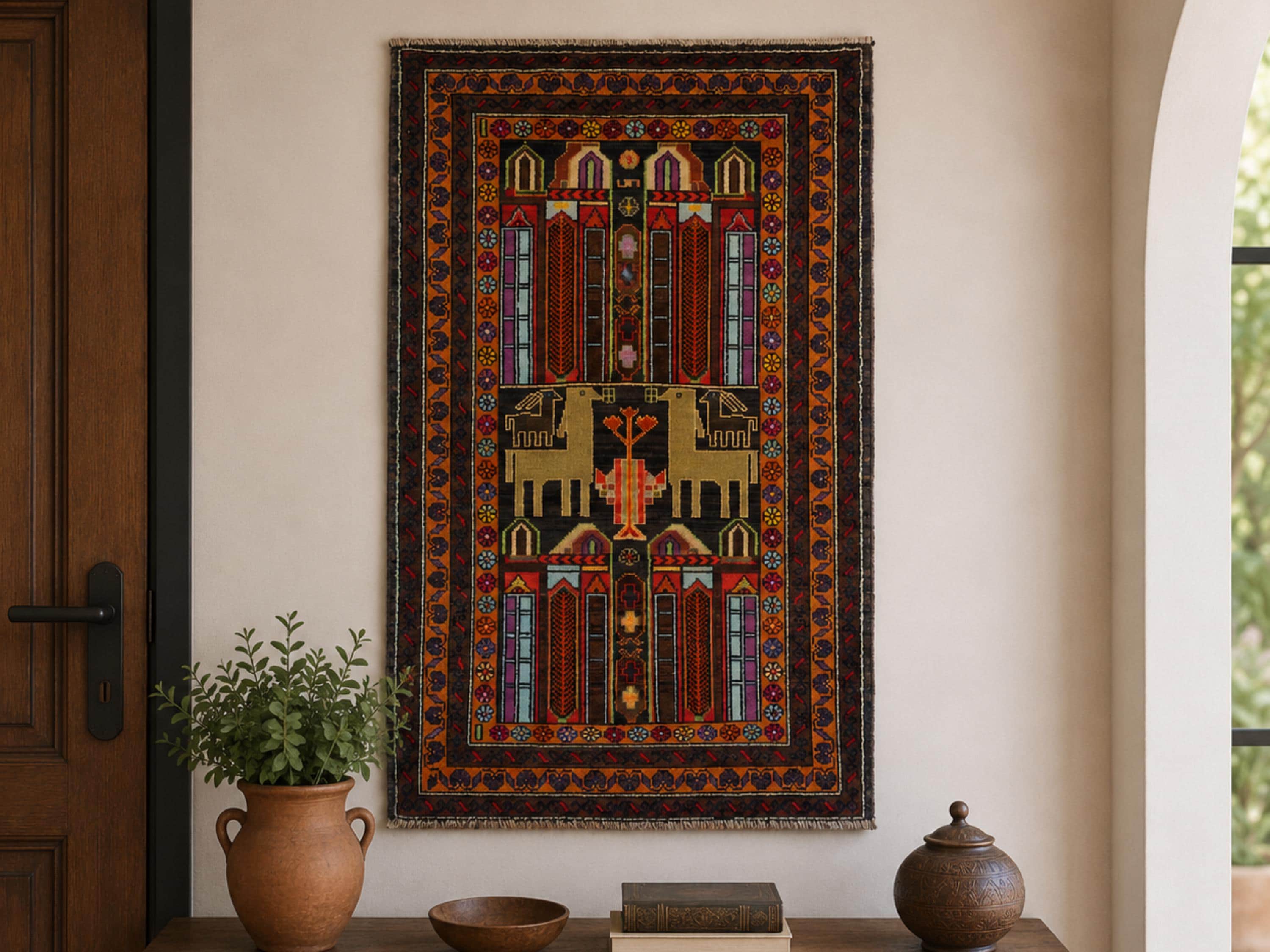 3x5 Arched Garden Woven Wall Hanging, Hand Knotted Wool Tapestry Rug, Afghan Style Textile Wall Art, Red Tree Motif
