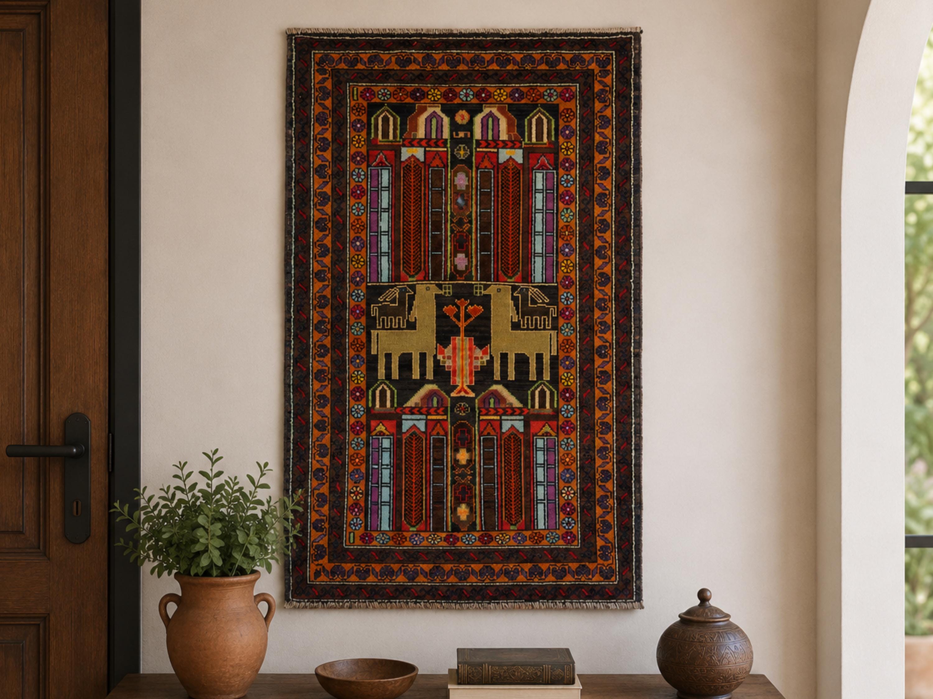 x5 Arched Garden Woven Wall Hanging, Hand Knotted Wool Afghan Tapestry, Red Tree of Life Folk Wall Art