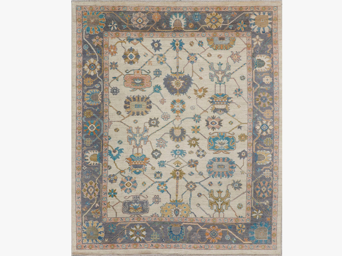 8x10 Ivory Oushak Rug, Vintage Turkish Hand Knotted Wool Area Rug, Traditional Living Room Bedroom Decor