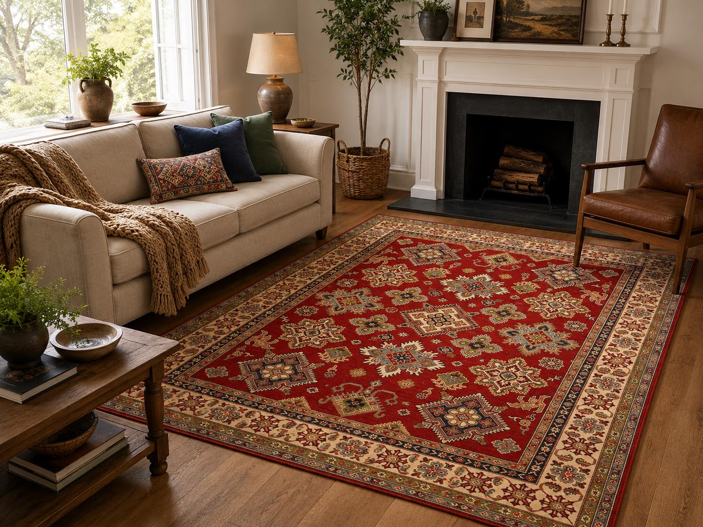 8x10 Red Oriental Rug Kazak, Hand Knotted Wool Area Rug, One of a Kind Traditional Living Room Bedroom Decor