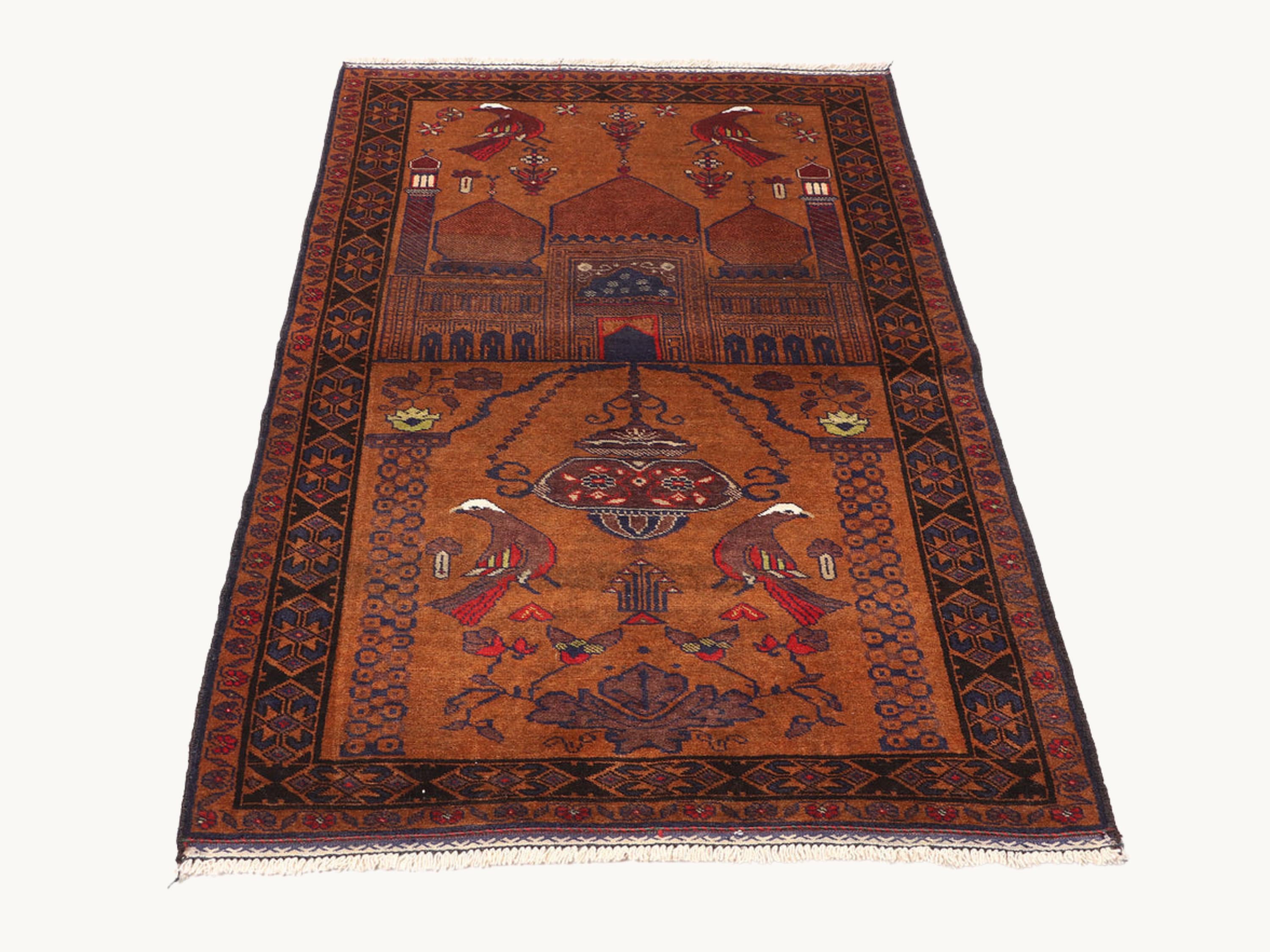 3x5 Architectural Bird Motif Tapestry Wall Hanging Rug, Afghan Style Handmade Wool Textile Wall Art, Tribal Decor