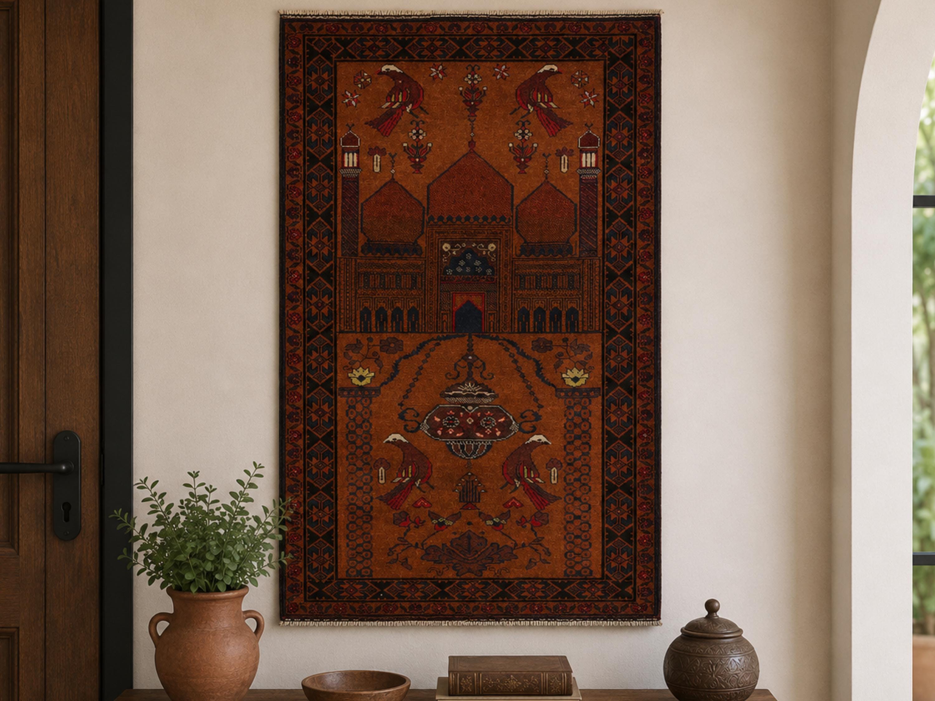 3x5 Architectural Bird Motif Tapestry Wall Hanging Rug, Afghan Style Handmade Wool Textile Wall Art, Tribal Decor