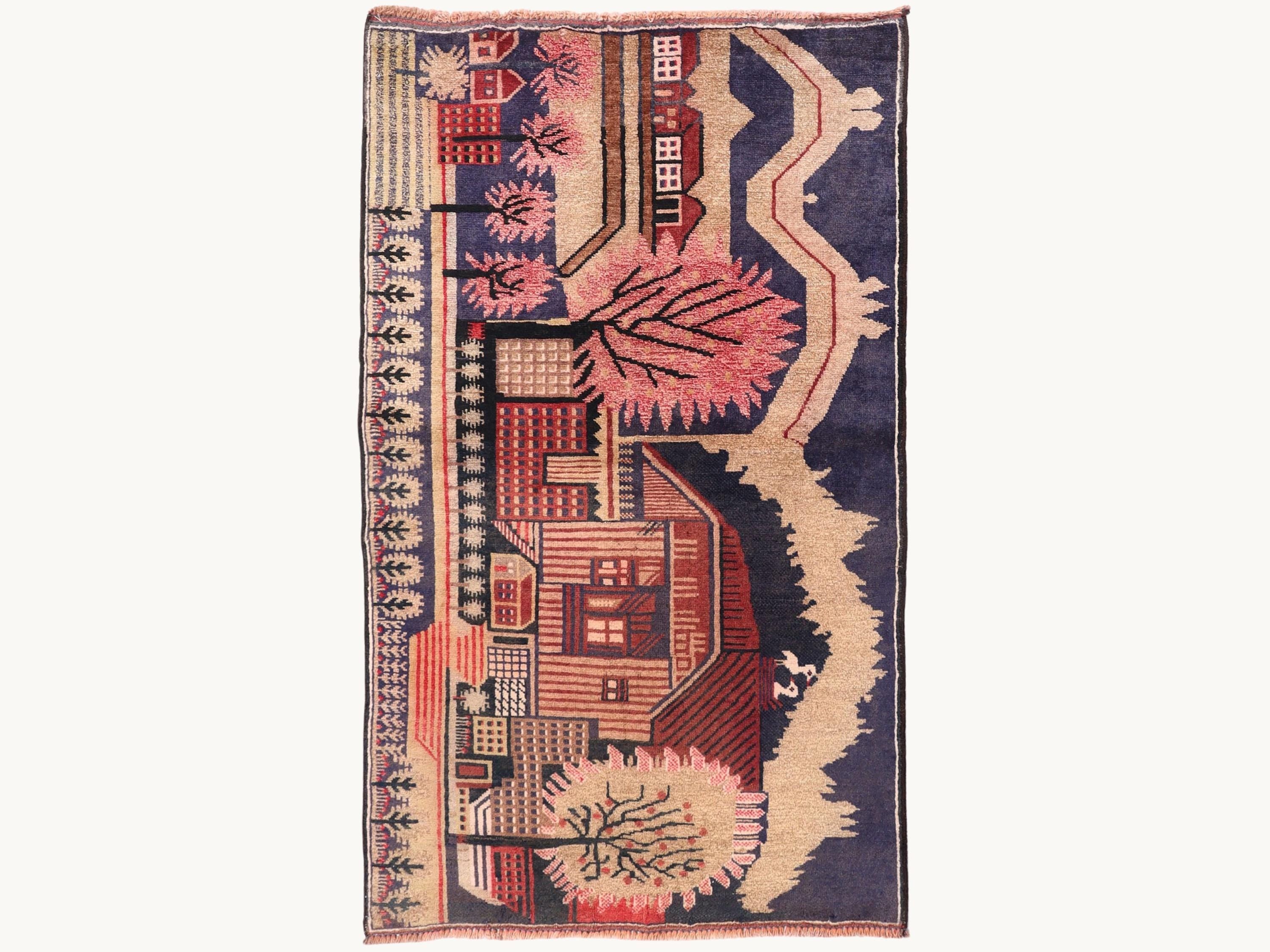 3x5 Mountain Landscape Tapestry Wall Hanging Rug, Afghan Style Handmade Wool Textile Wall Art, Folk Art Decor