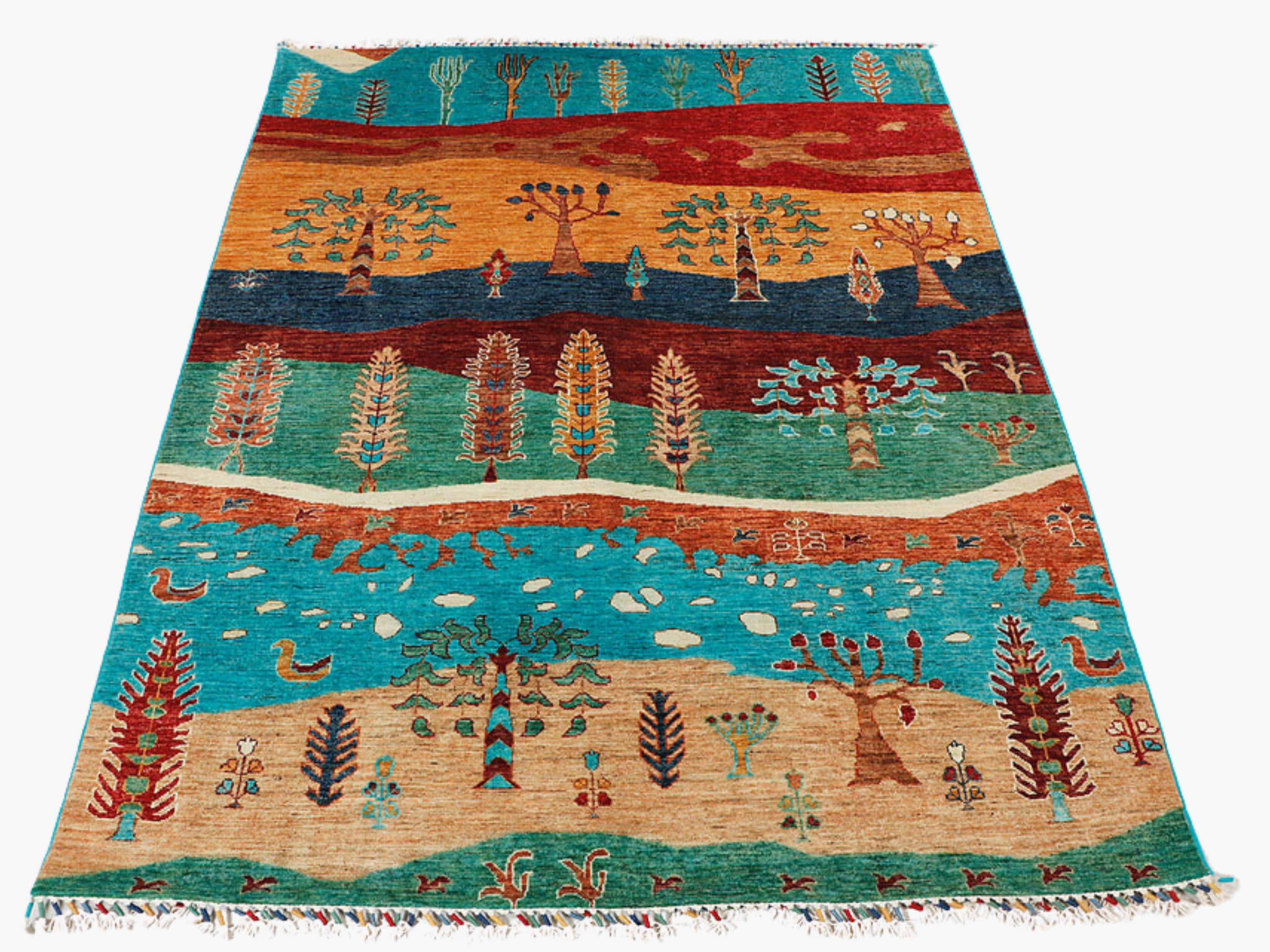 5x7 Persian Style Rug, Hand Knotted Wool Area Rug, Handmade Tree Landscape Pictorial Carpet, Living Room Decor