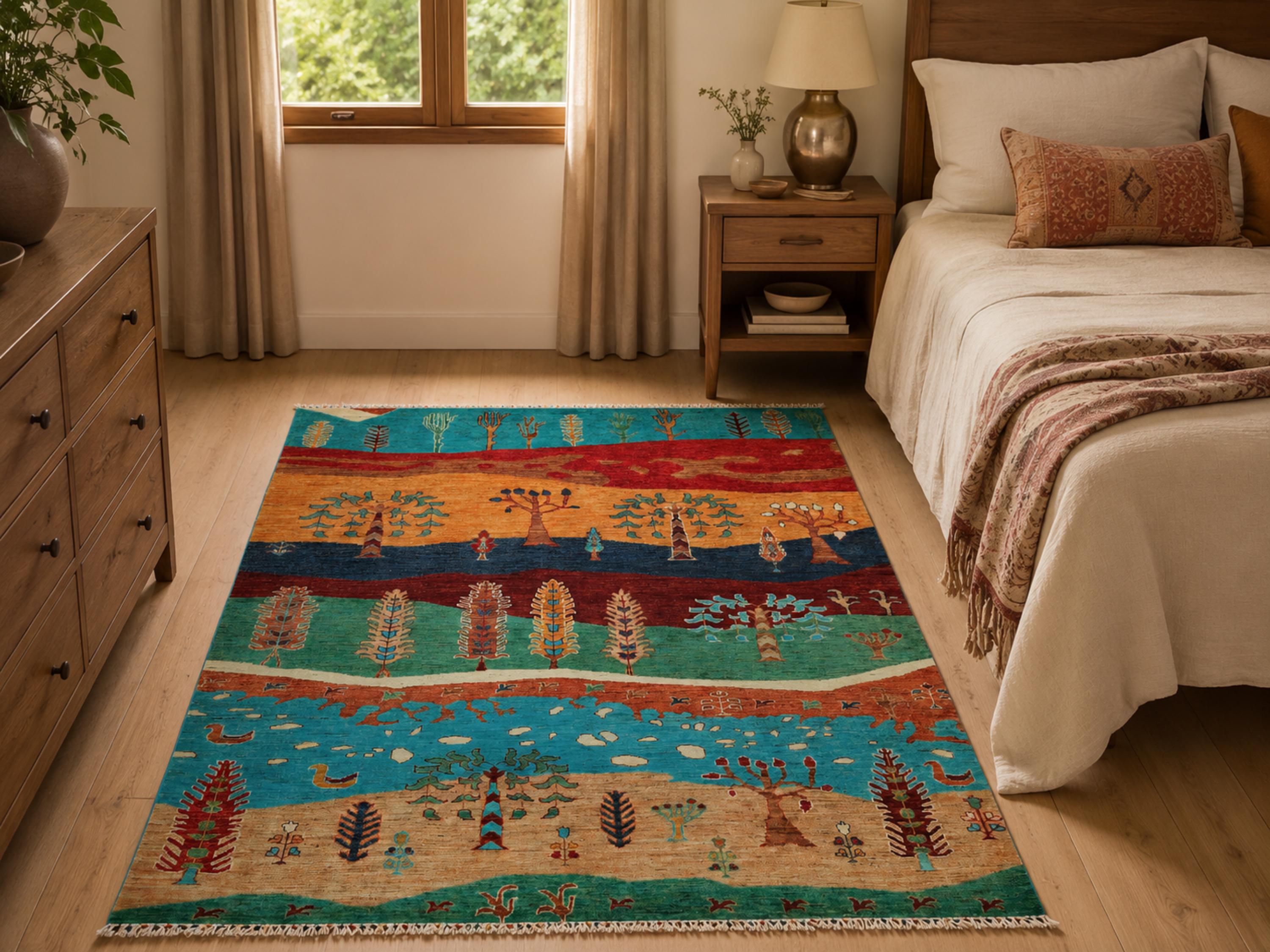 5x7 Persian Style Rug, Hand Knotted Wool Area Rug, Handmade Tree Landscape Pictorial Carpet, Living Room Decor