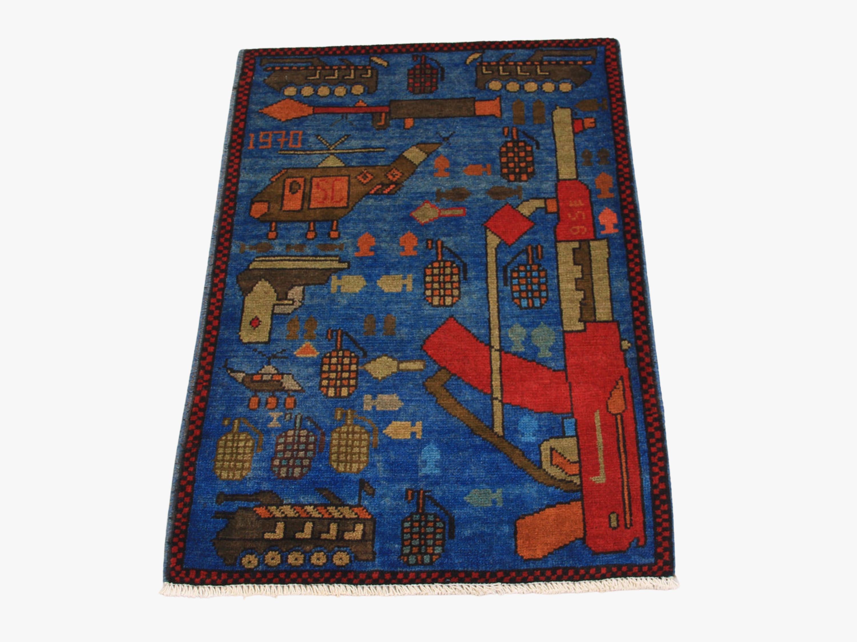2x3 Tribal Pictorial Rug, Hand Knotted Wool Afghan War Wall Hanging, Military Decor