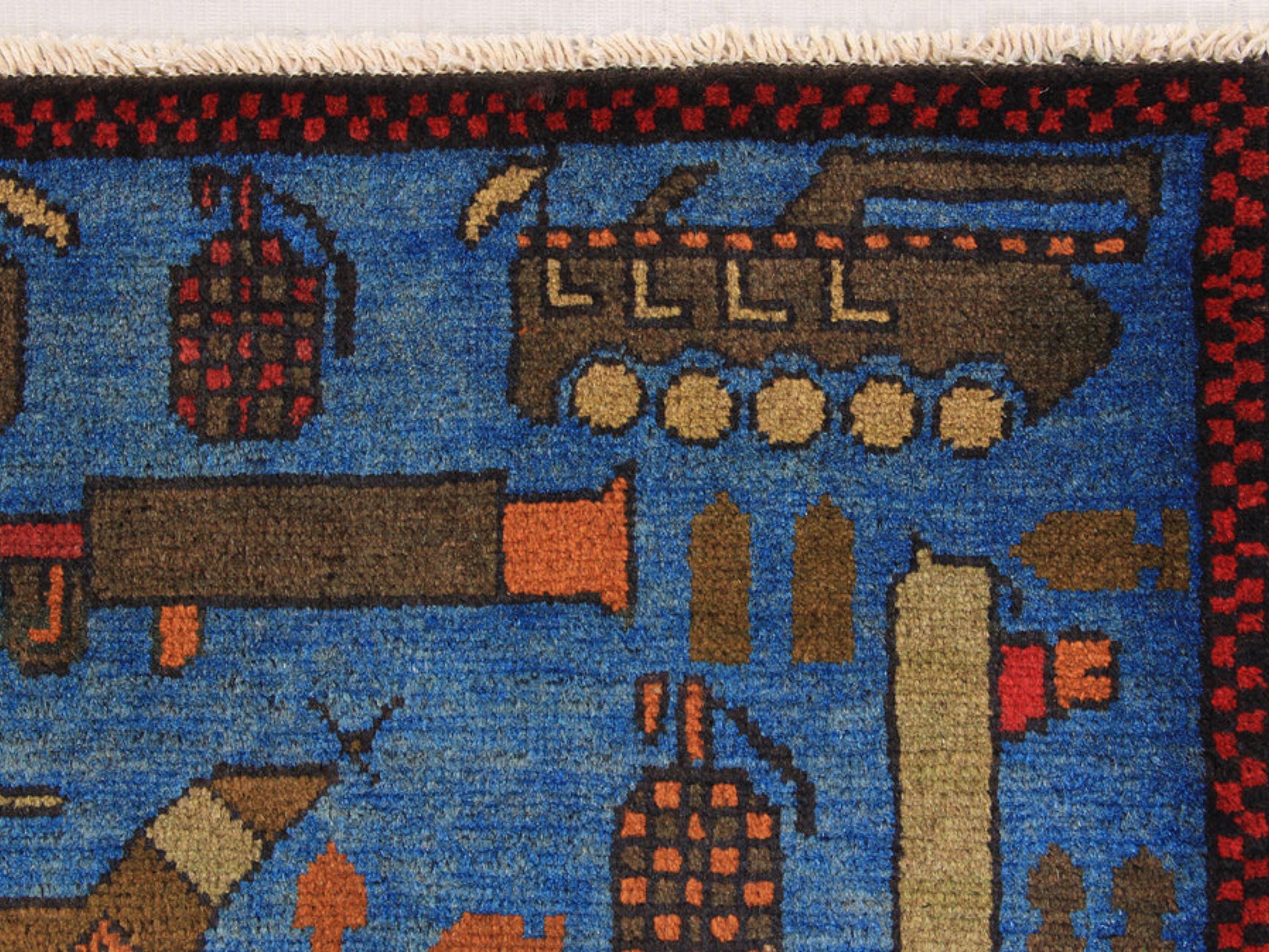 2x3 Tribal Pictorial Rug, Hand Knotted Wool Afghan War Wall Hanging, Military Decor