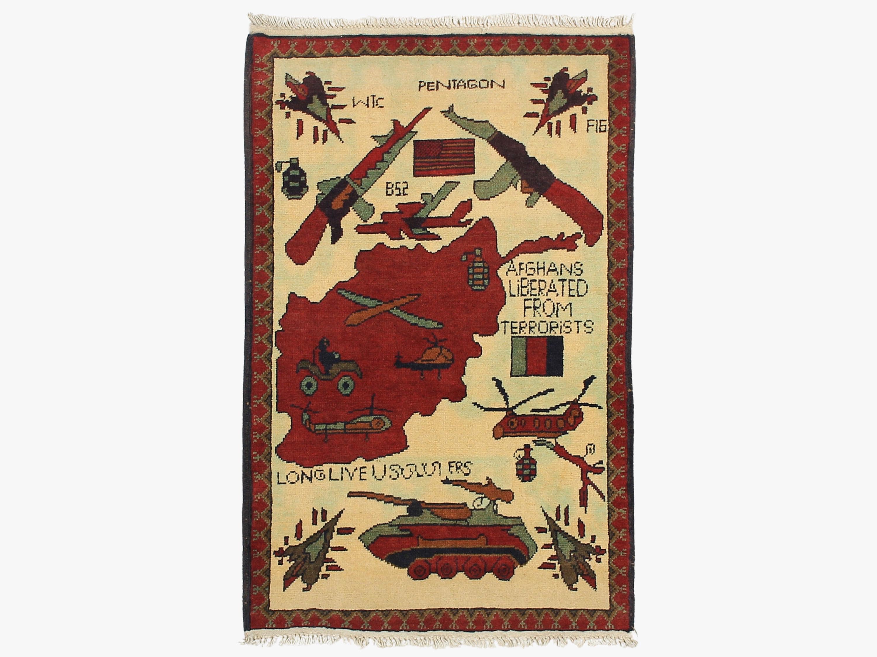 2x3 Afghan Pictorial War Rug, Hand Knotted Wool Map Aircraft Design