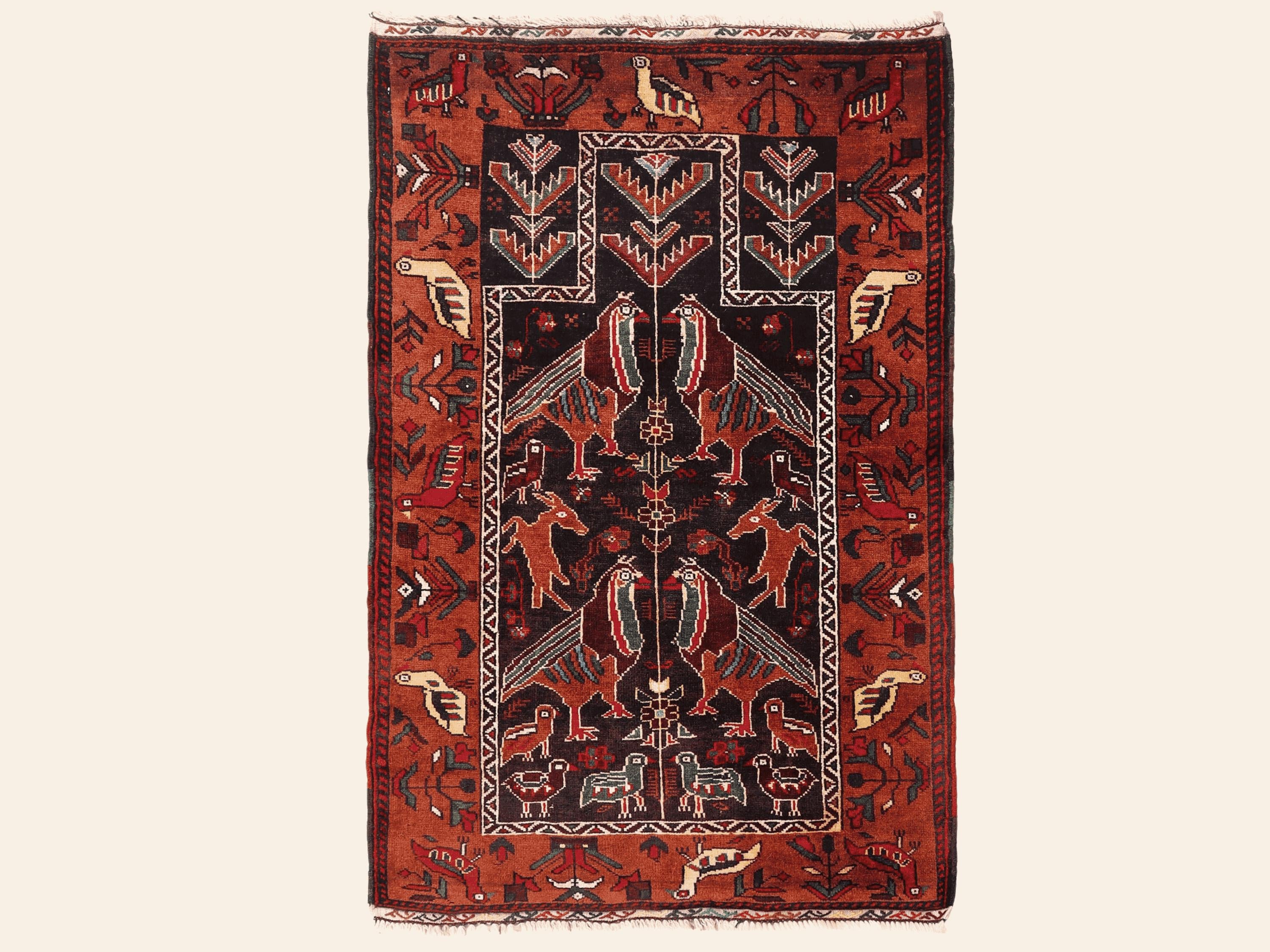 3x4 Bird Motif Tapestry Wall Hanging, Afghan Style Handmade Wool Woven Wall Art, Animal Nature Folk Decor
