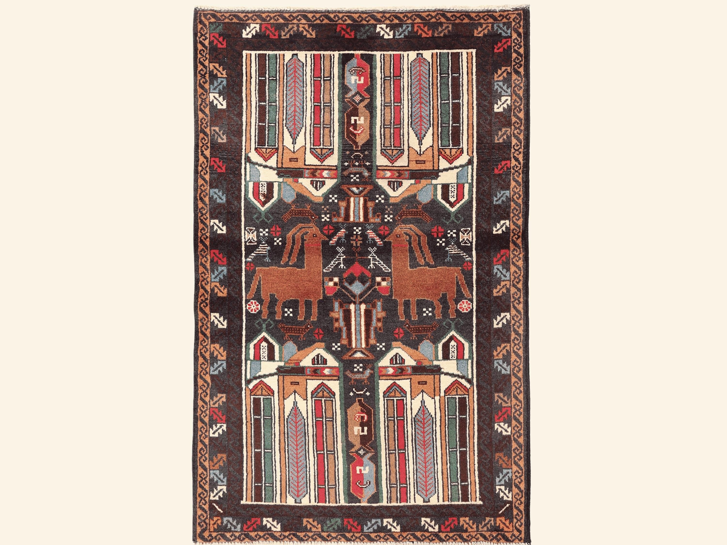 3x5 Animal Motif Tapestry Wall Hanging Rug, Afghan Style Handmade Wool Textile Wall Art, Tribal Folk Art Decor