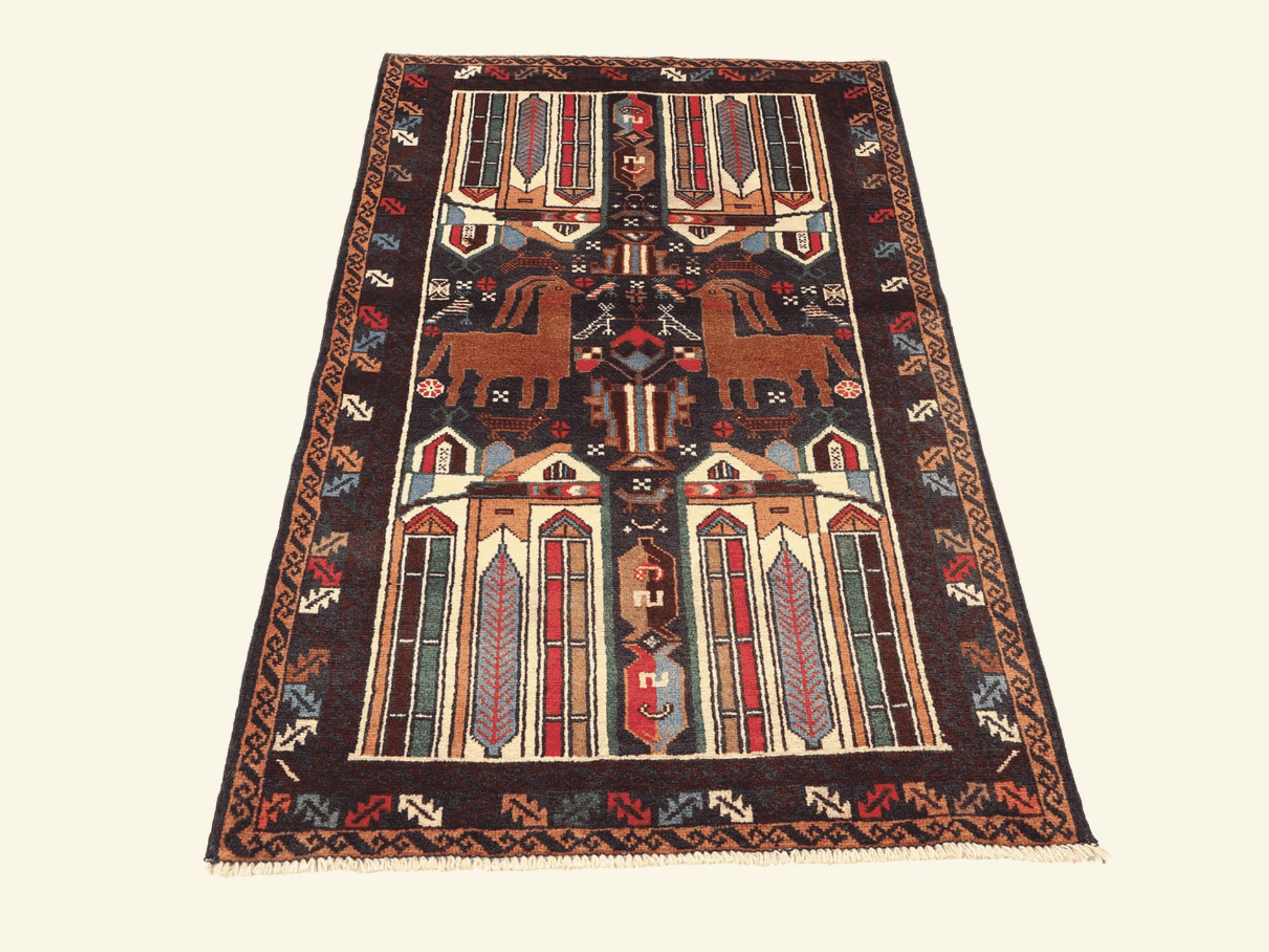 3x5 Animal Motif Tapestry Wall Hanging Rug, Afghan Style Handmade Wool Textile Wall Art, Tribal Folk Art Decor